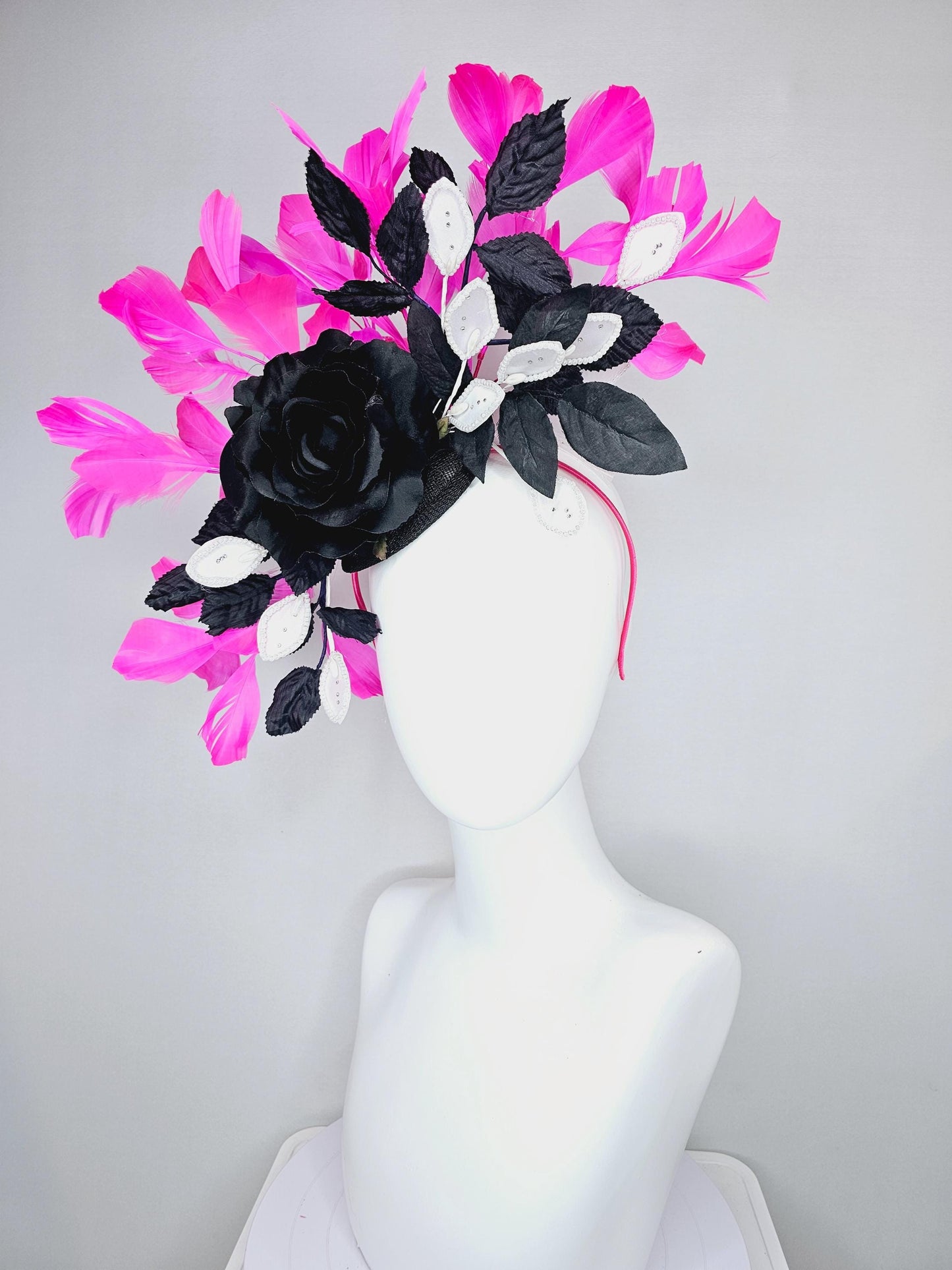 kentucky derby hat fascinator black sinamay,black satin rose flower, white leaves sequin pearl edges and black leaves, pink fuchsia feathers