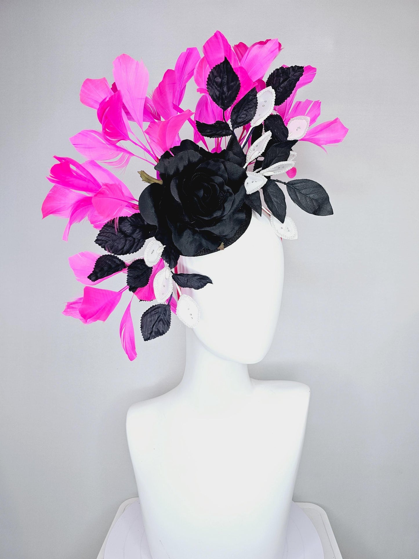 kentucky derby hat fascinator black sinamay,black satin rose flower, white leaves sequin pearl edges and black leaves, pink fuchsia feathers