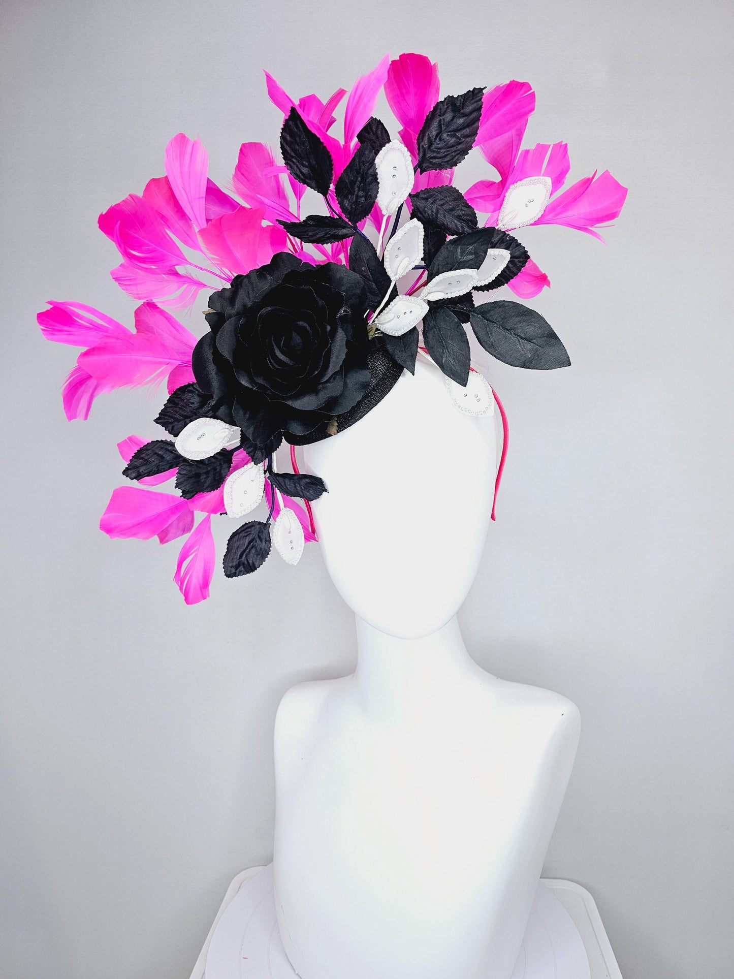 kentucky derby hat fascinator black sinamay,black satin rose flower, white leaves sequin pearl edges and black leaves, pink fuchsia feathers