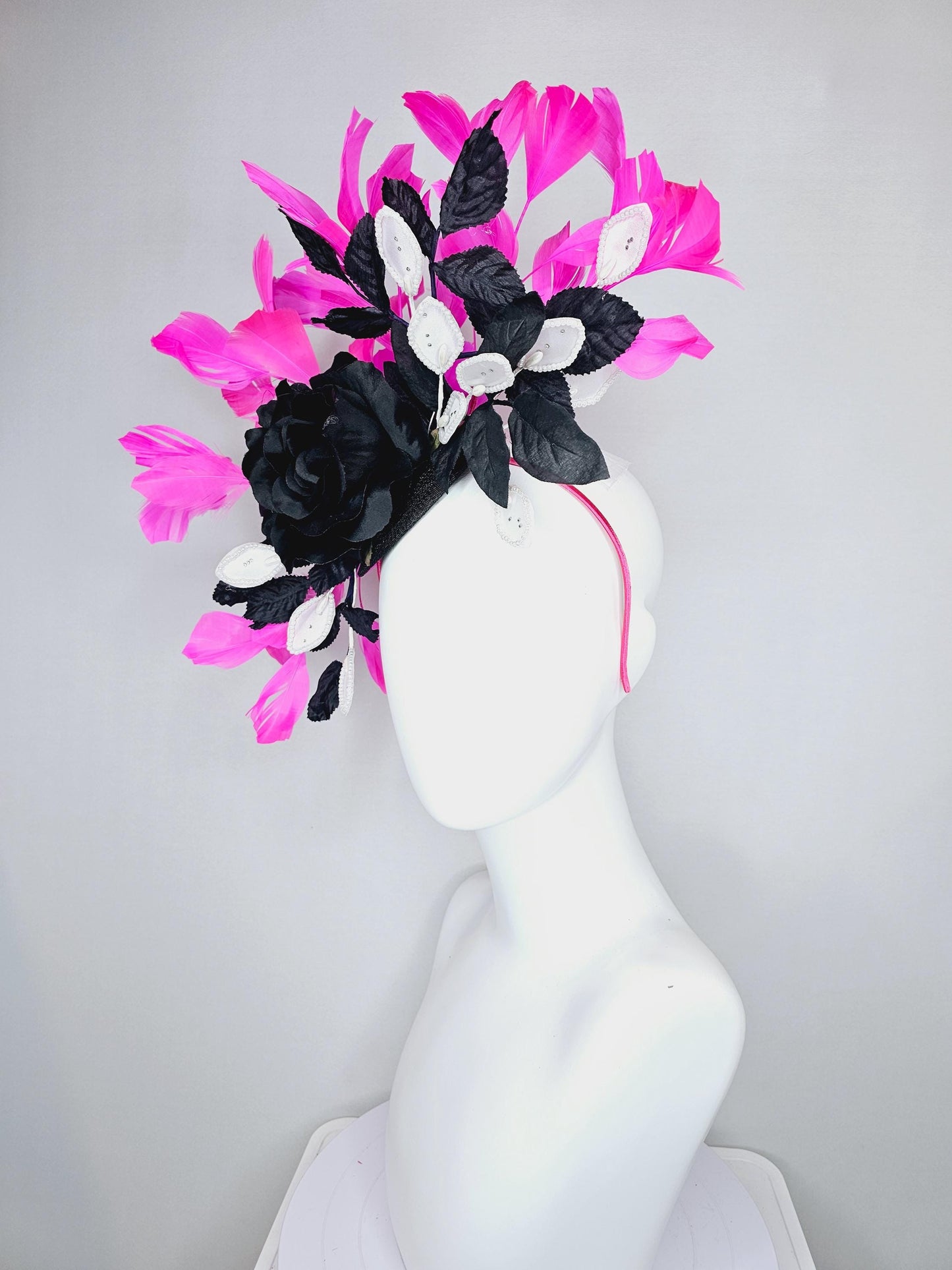 kentucky derby hat fascinator black sinamay,black satin rose flower, white leaves sequin pearl edges and black leaves, pink fuchsia feathers