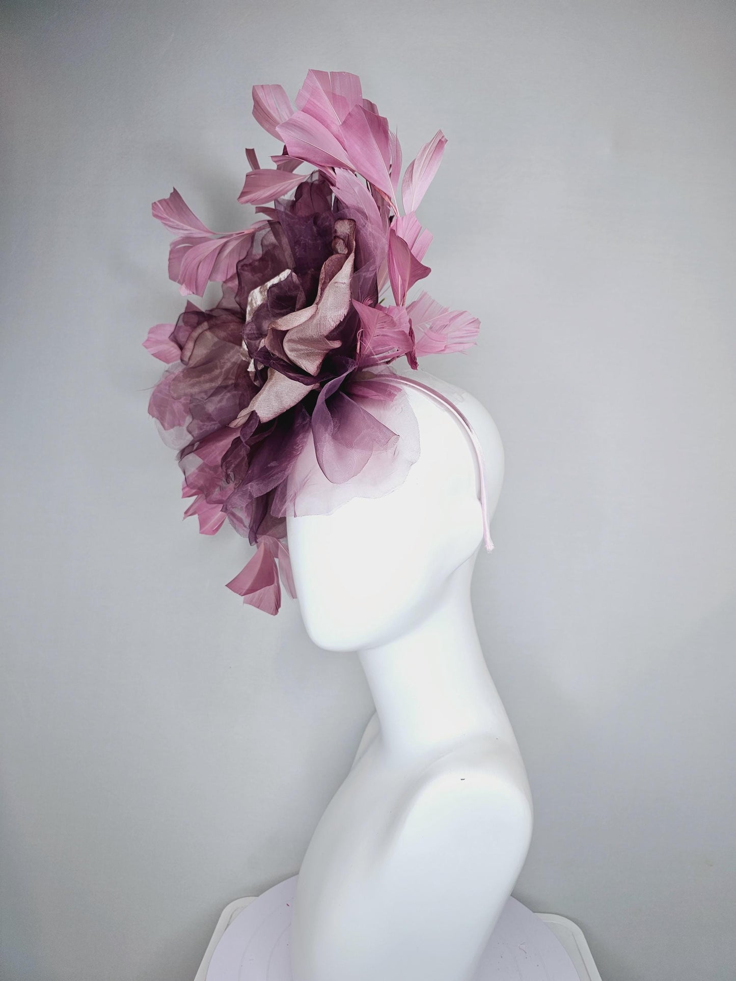 kentucky derby hat fascinator large rose gold dusty pink grape purple organza satin silk flower with pink feathers, thin headband