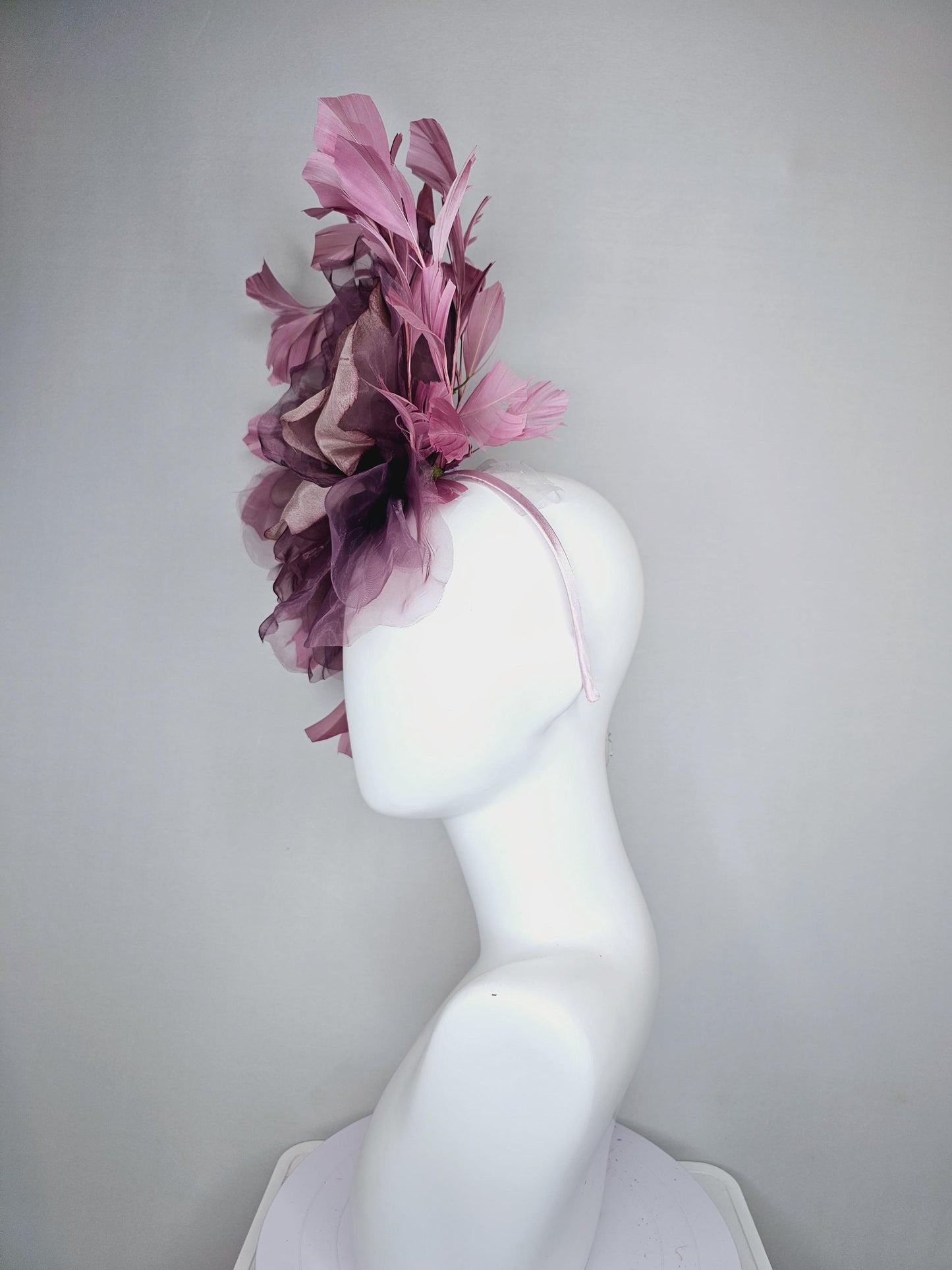 kentucky derby hat fascinator large rose gold dusty pink grape purple organza satin silk flower with pink feathers, thin headband