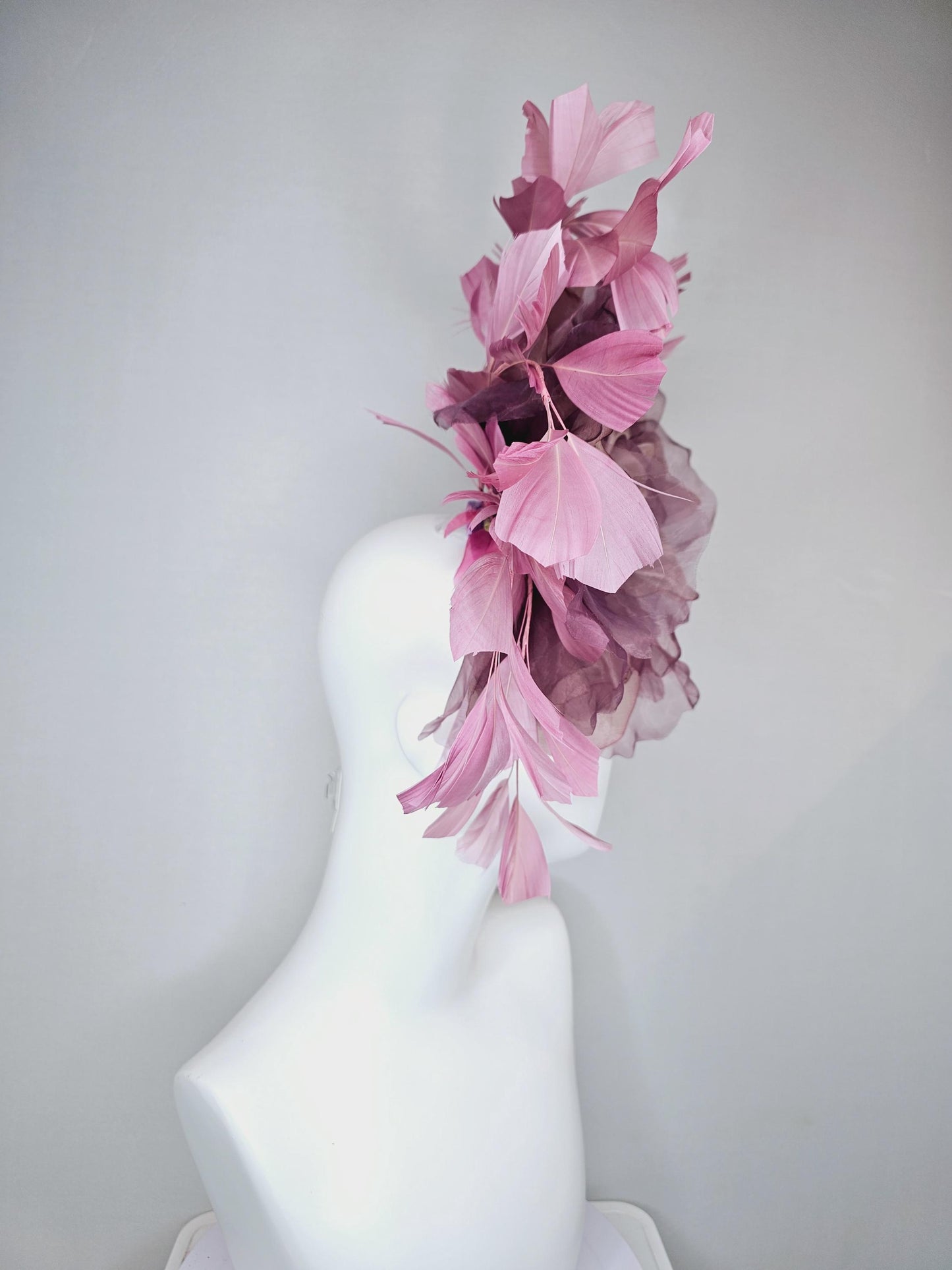 kentucky derby hat fascinator large rose gold dusty pink grape purple organza satin silk flower with pink feathers, thin headband