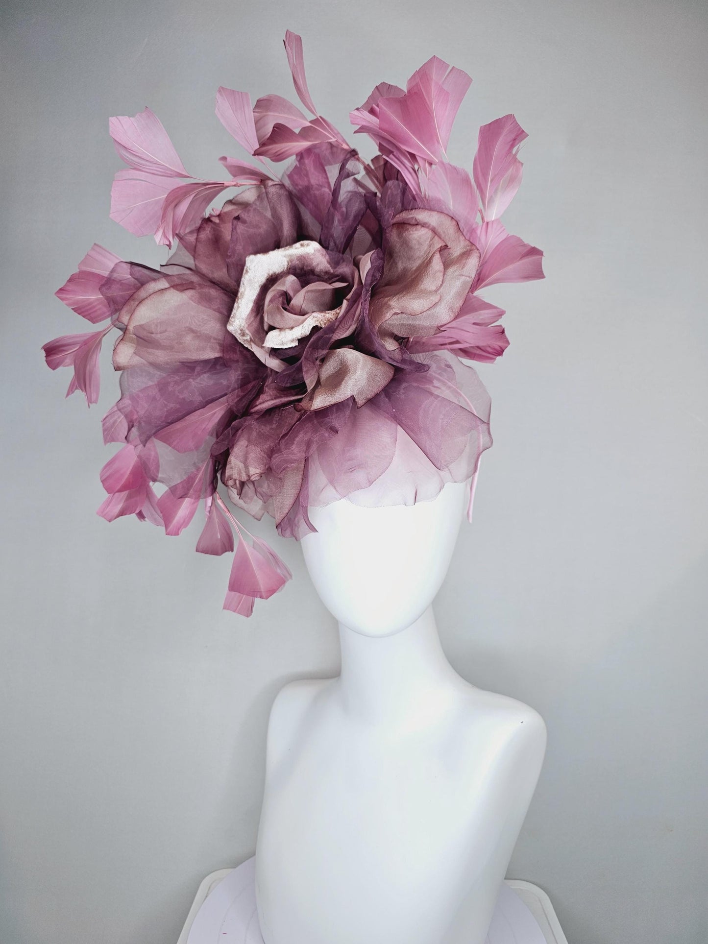 kentucky derby hat fascinator large rose gold dusty pink grape purple organza satin silk flower with pink feathers, thin headband