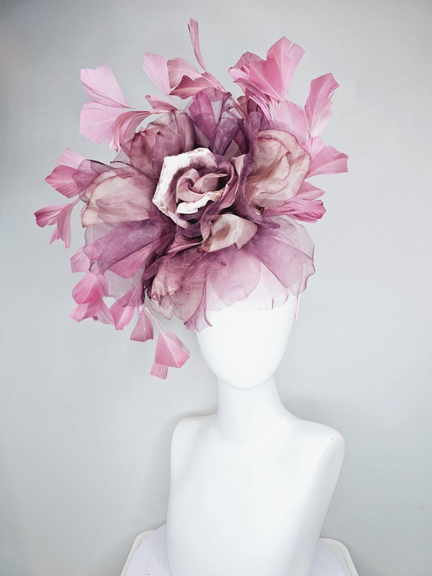 kentucky derby hat fascinator large rose gold dusty pink grape purple organza satin silk flower with pink feathers, thin headband