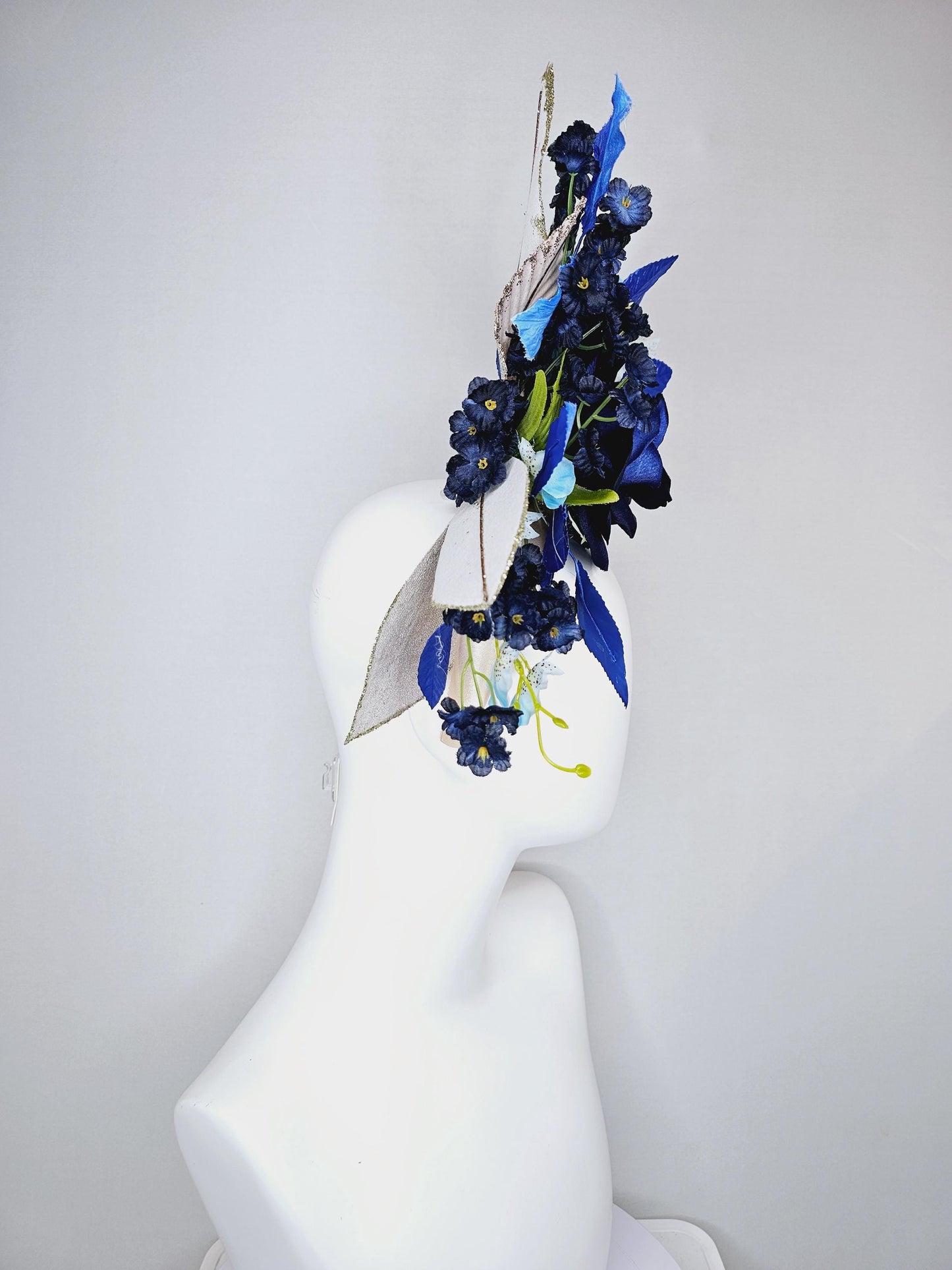 kentucky derby hat fascinator champagne satin headband,navy blue satin rose flower,navy blue sky flowers,royal cobalt blue green gold leaves