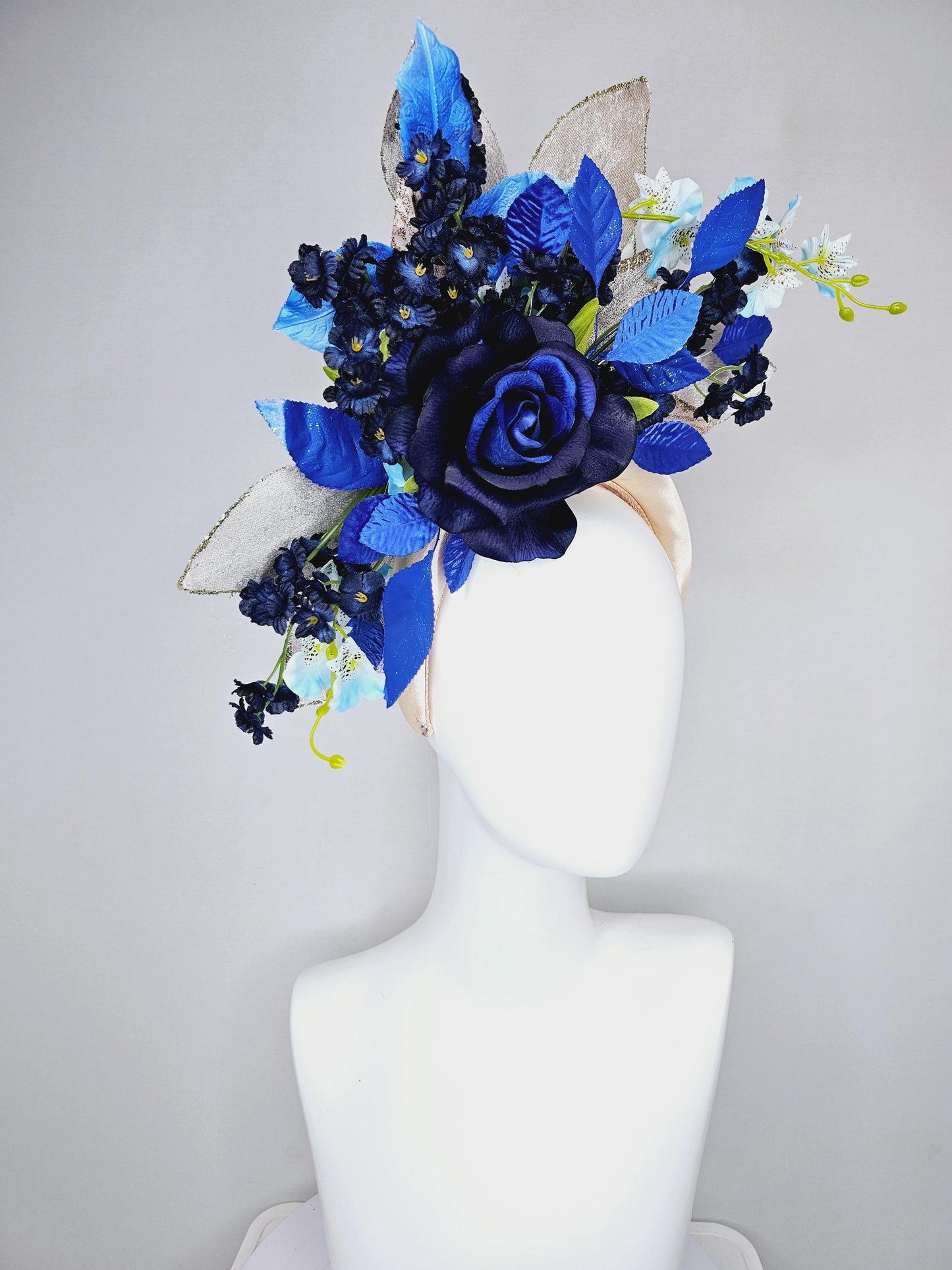 kentucky derby hat fascinator champagne satin headband,navy blue satin rose flower,navy blue sky flowers,royal cobalt blue green gold leaves