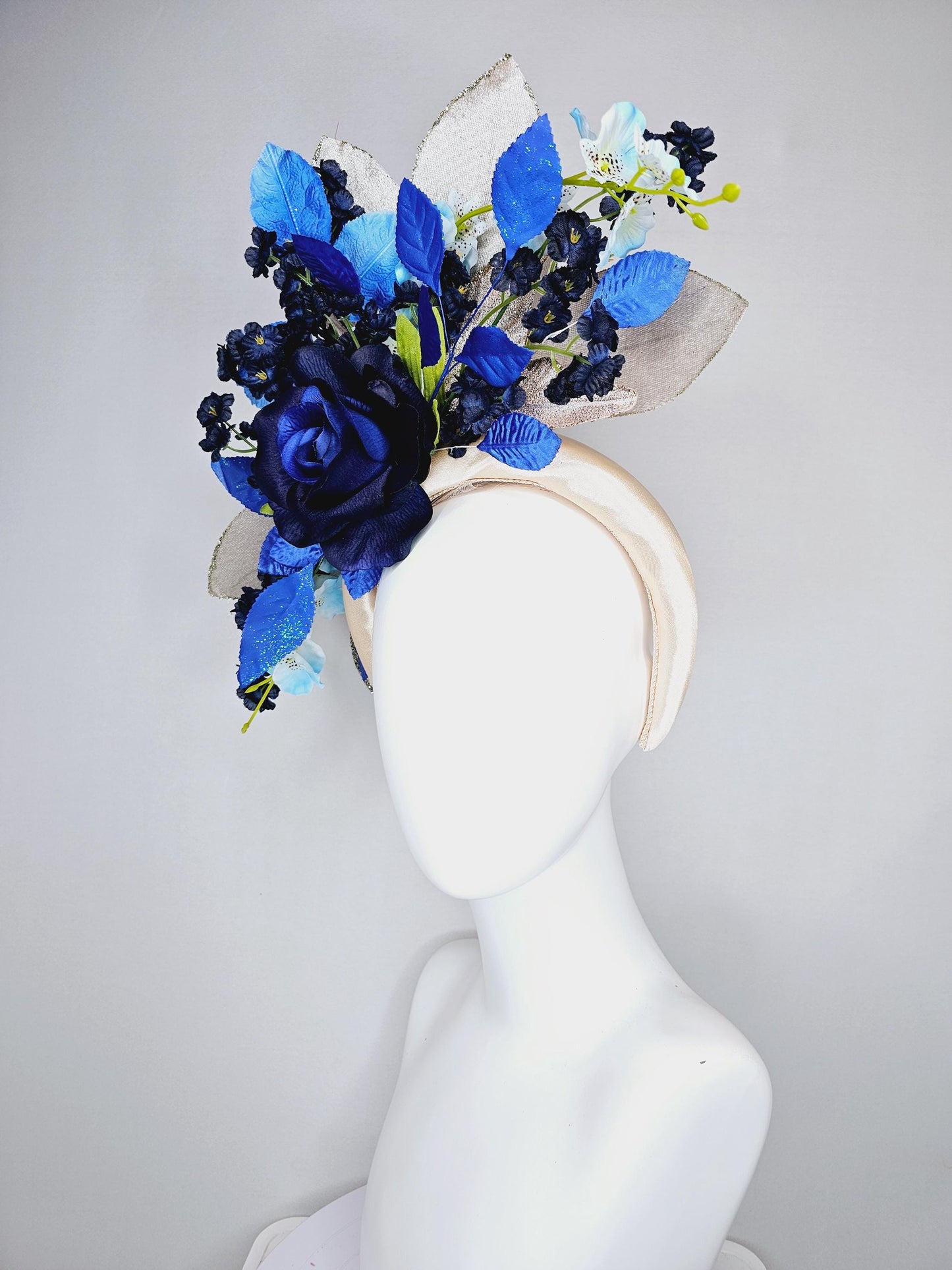 kentucky derby hat fascinator champagne satin headband,navy blue satin rose flower,navy blue sky flowers,royal cobalt blue green gold leaves