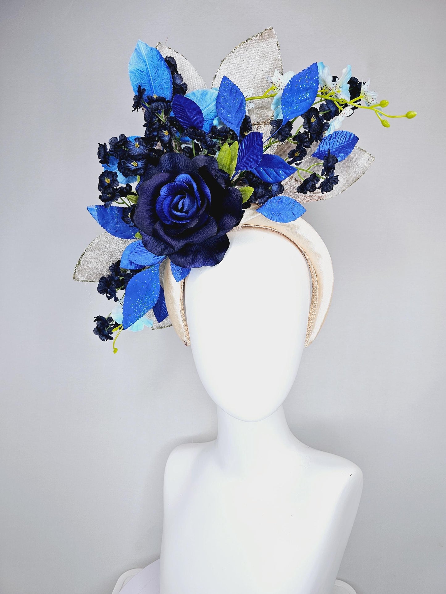 kentucky derby hat fascinator champagne satin headband,navy blue satin rose flower,navy blue sky flowers,royal cobalt blue green gold leaves