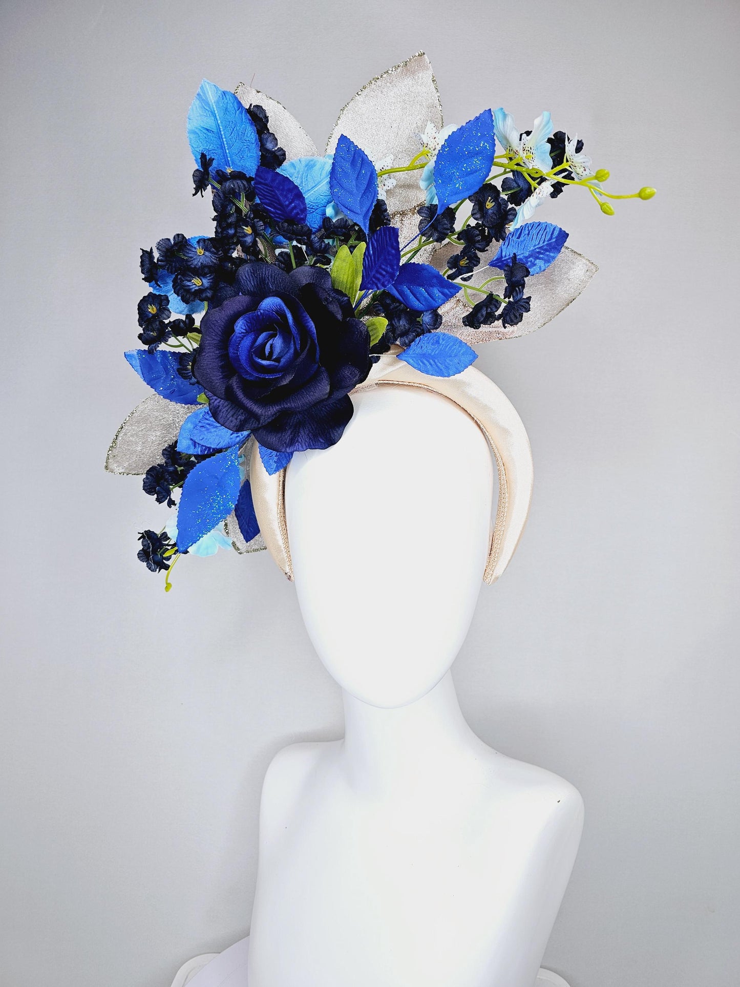 kentucky derby hat fascinator champagne satin headband,navy blue satin rose flower,navy blue sky flowers,royal cobalt blue green gold leaves