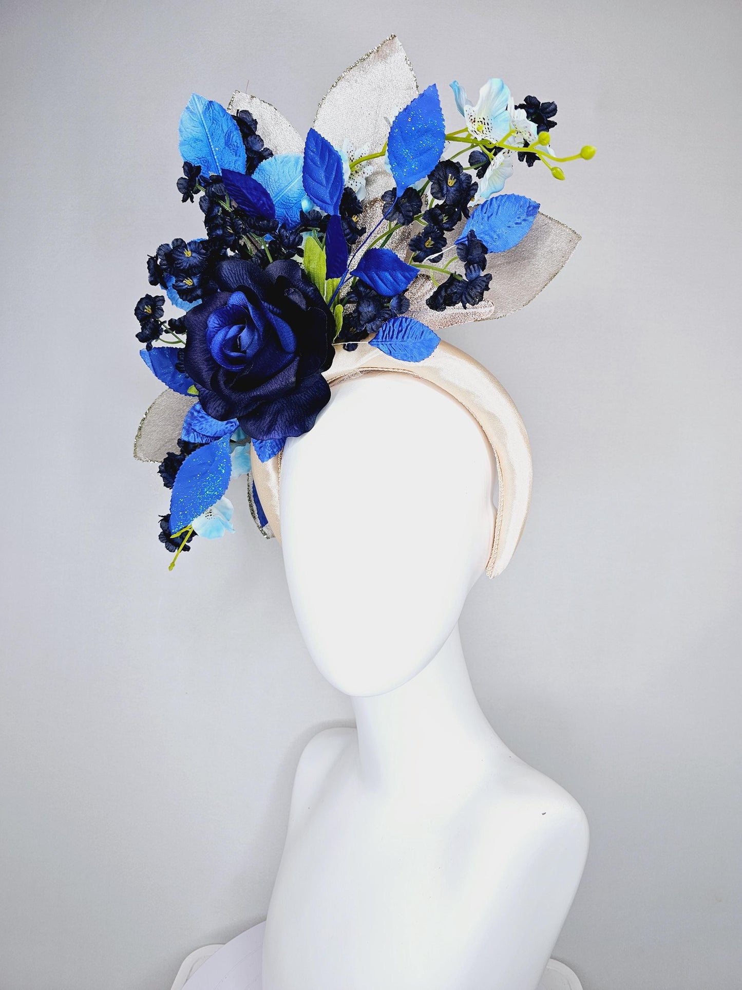 kentucky derby hat fascinator champagne satin headband,navy blue satin rose flower,navy blue sky flowers,royal cobalt blue green gold leaves