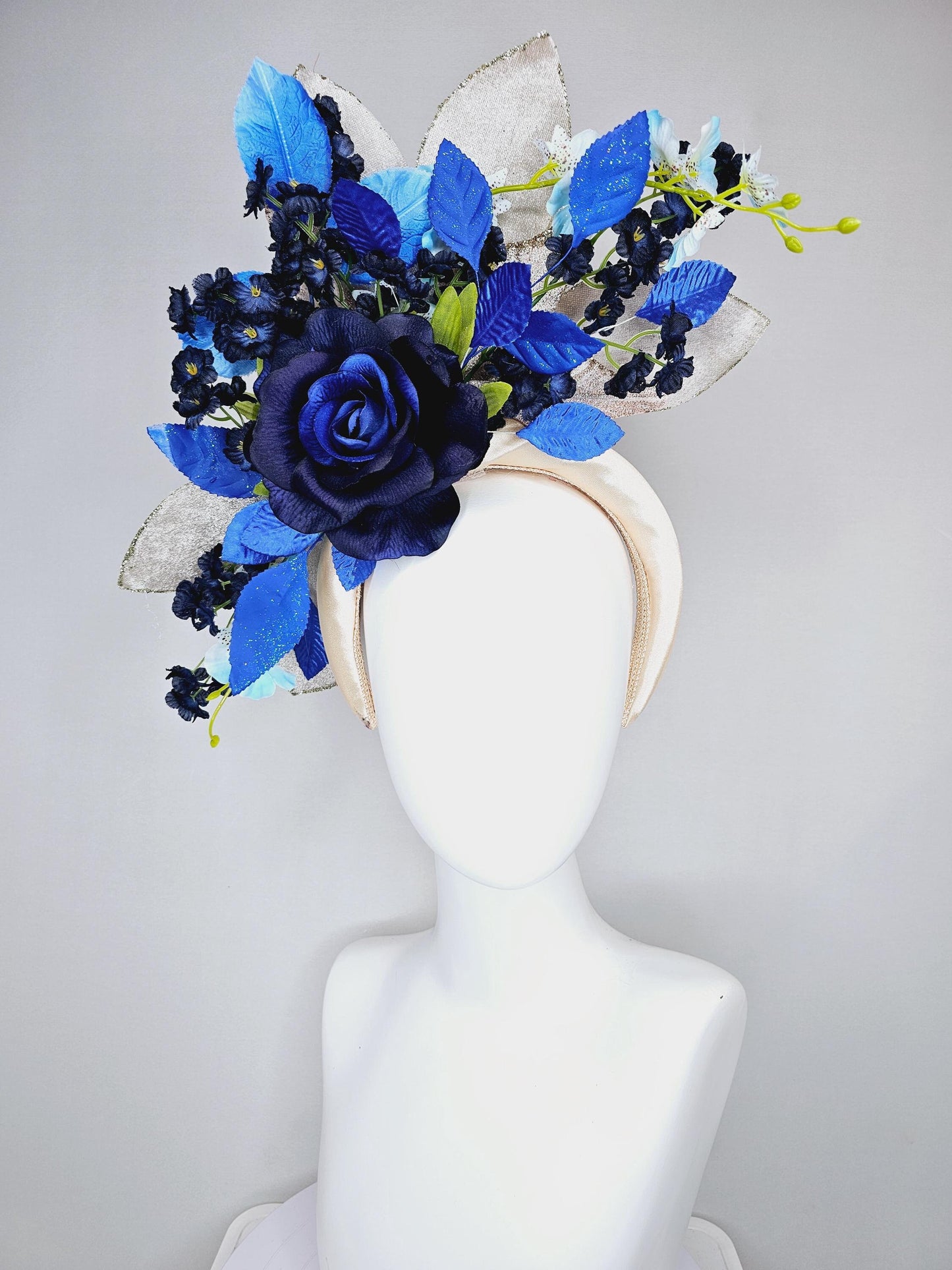 kentucky derby hat fascinator champagne satin headband,navy blue satin rose flower,navy blue sky flowers,royal cobalt blue green gold leaves