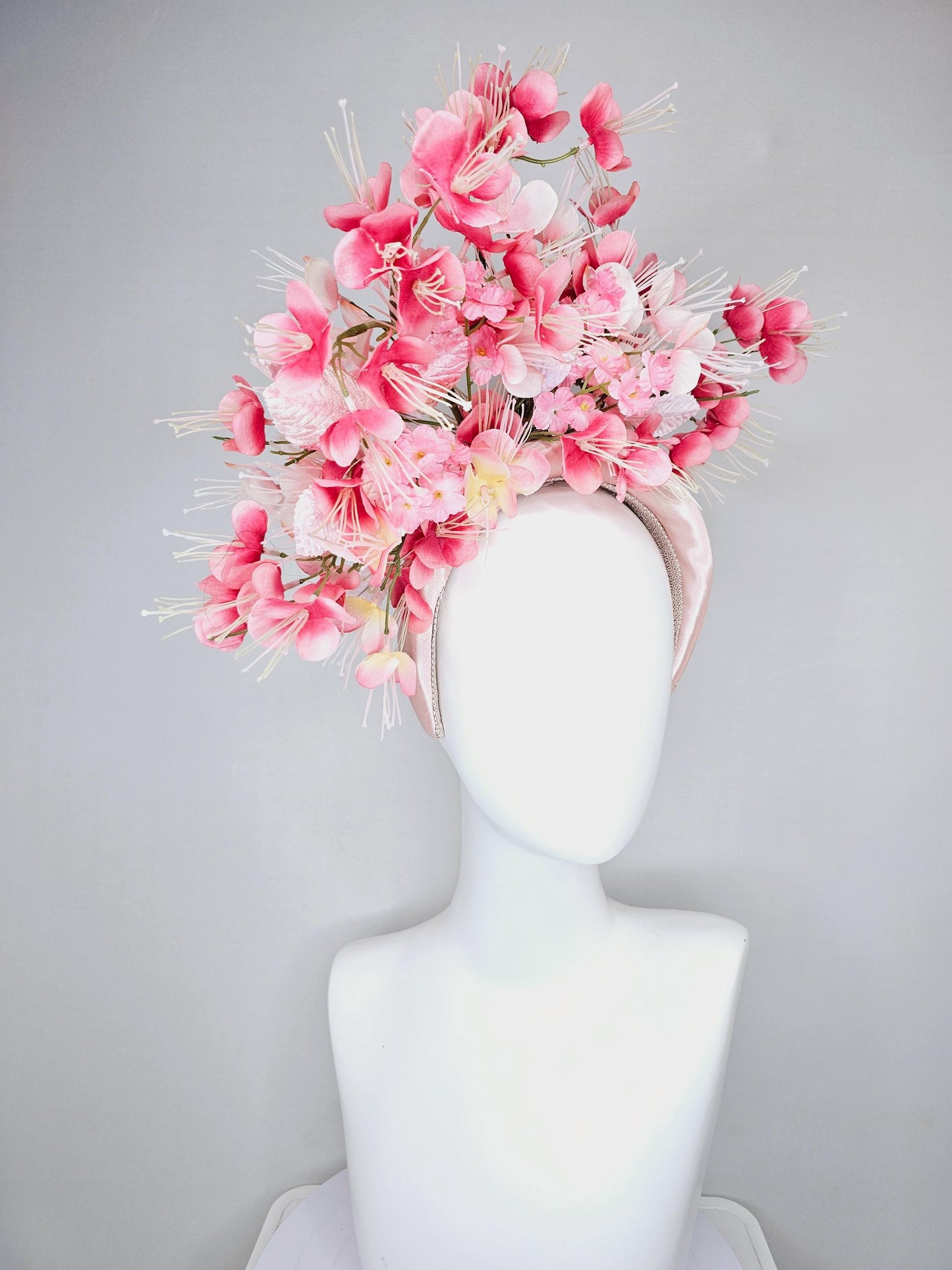 kentucky derby hat fascinator baby pink satin headband, ombre pink light pink crimson red satin cherry blossoms, light baby pink leaves