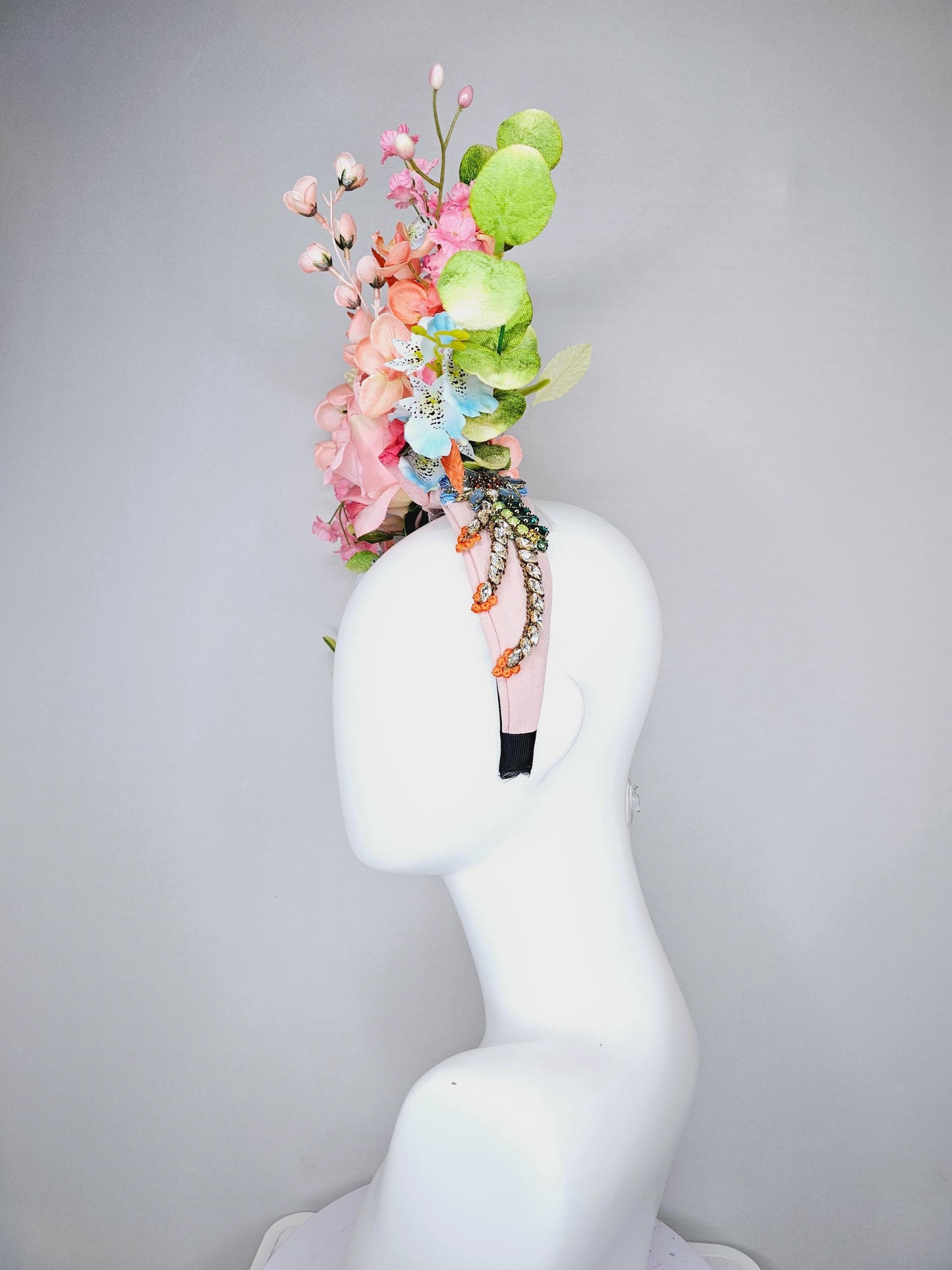 kentucky derby hat fascinator colorful crystal rhinestone beaded headband, ombre pink rose, pink peach sky blue flowers,orange green leaves