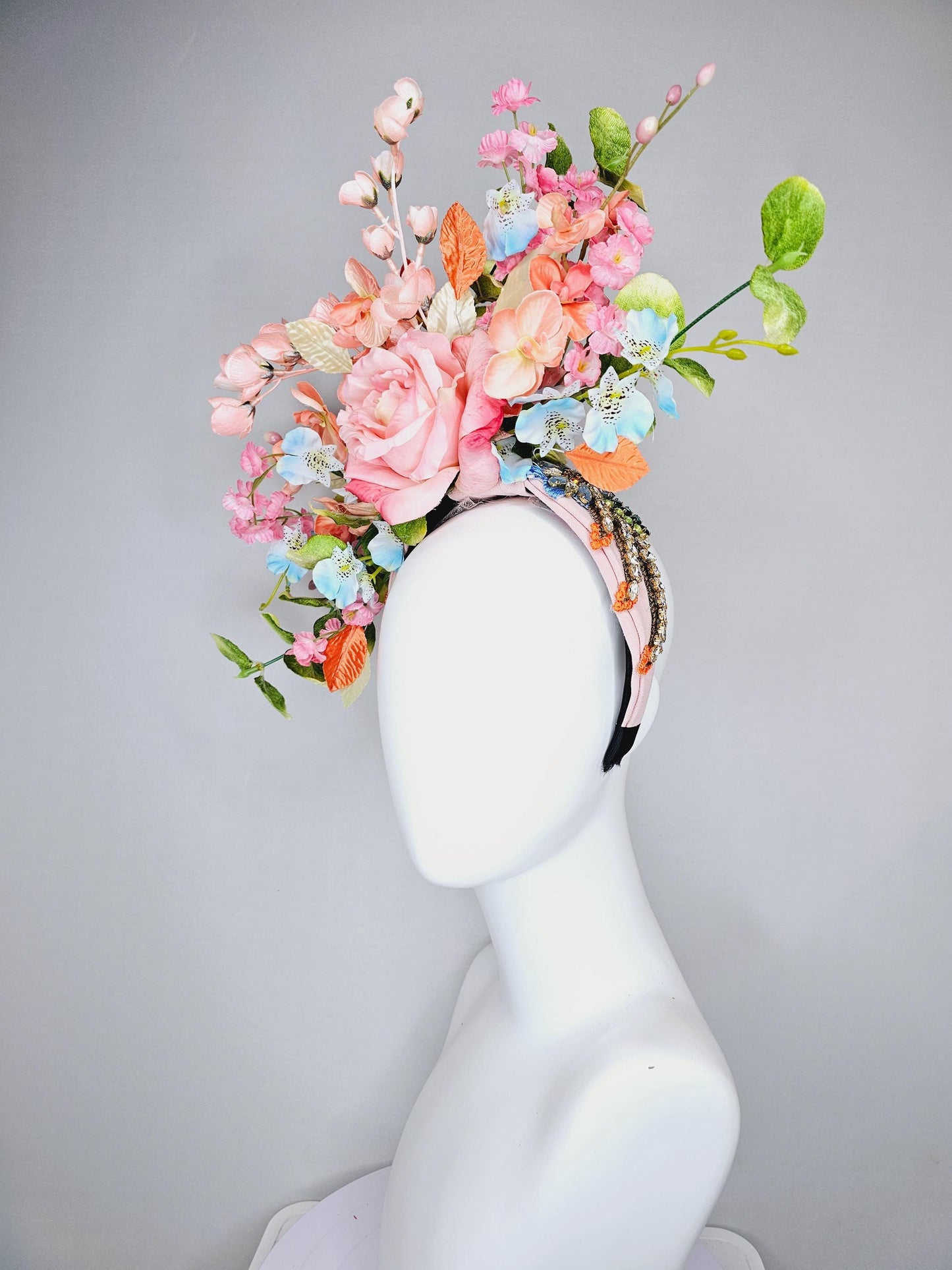 kentucky derby hat fascinator colorful crystal rhinestone beaded headband, ombre pink rose, pink peach sky blue flowers,orange green leaves