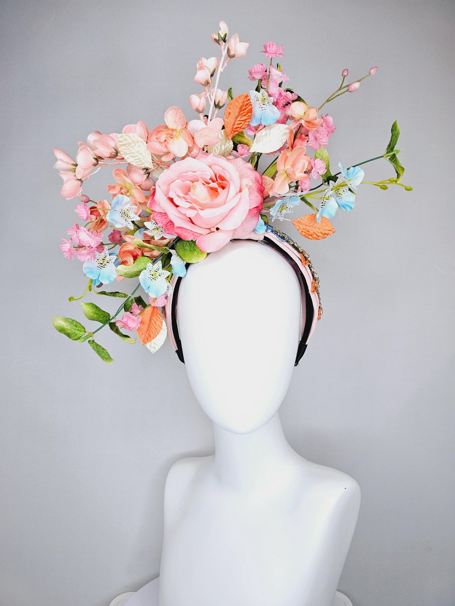 kentucky derby hat fascinator colorful crystal rhinestone beaded headband, ombre pink rose, pink peach sky blue flowers,orange green leaves