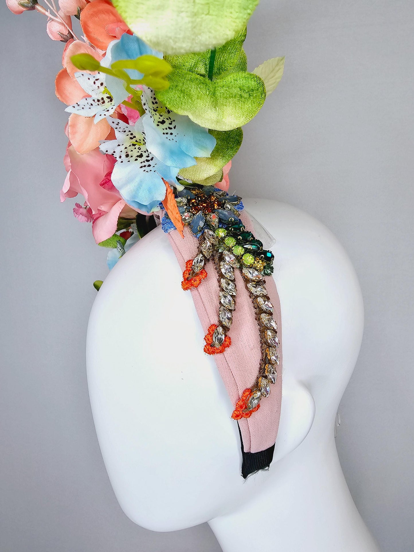 kentucky derby hat fascinator colorful crystal rhinestone beaded headband, ombre pink rose, pink peach sky blue flowers,orange green leaves