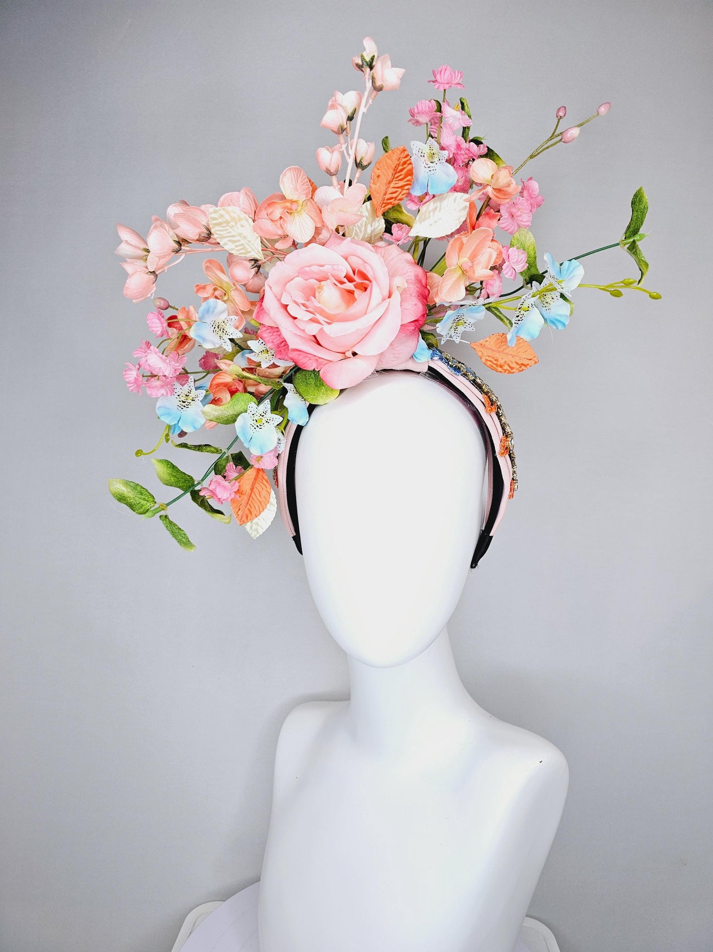 kentucky derby hat fascinator colorful crystal rhinestone beaded headband, ombre pink rose, pink peach sky blue flowers,orange green leaves