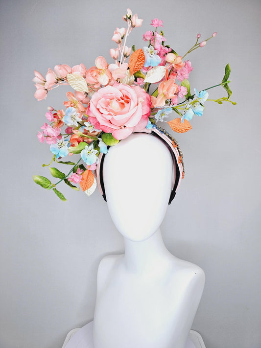 kentucky derby hat fascinator colorful crystal rhinestone beaded headband, ombre pink rose, pink peach sky blue flowers,orange green leaves