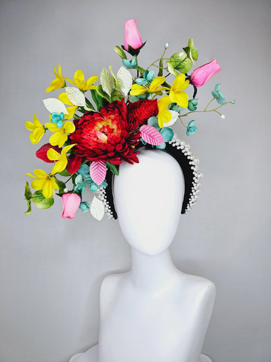 kentucky derby hat fascinator pearl beaded headband,colorful crimson red flower,yellow pink teal blue flowers,red pink white green leaves