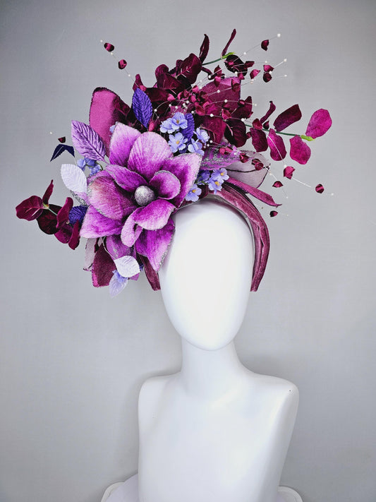 kentucky derby hat fascinator mulberry purple velvet headband,ombre purple w glitter lavender mulberry flowers,purple lavender violet leaves