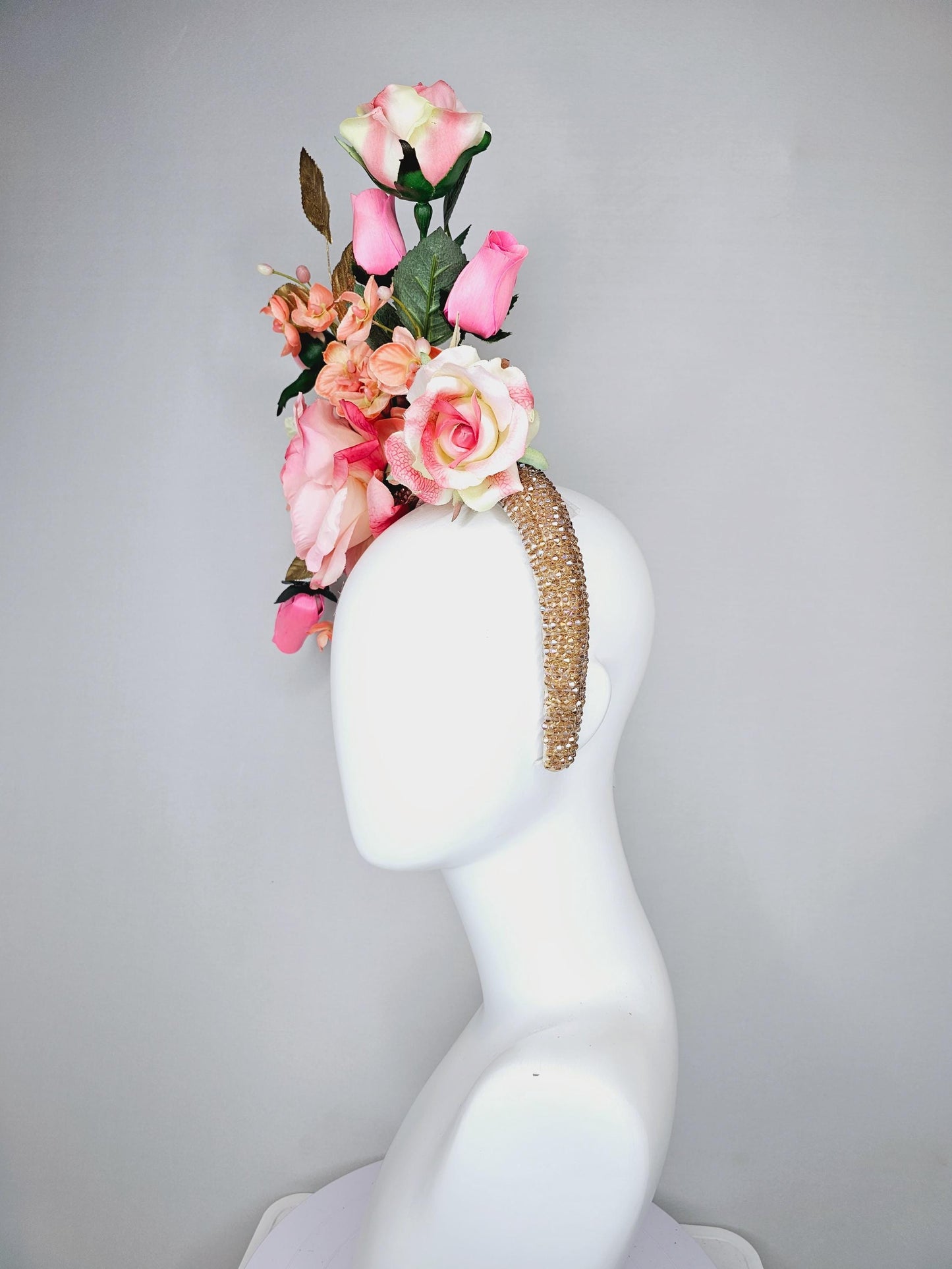 kentucky derby hat fascinator crystal iridescent gold beaded headband,ombre pink rose flowers,light orange peach flowers,gold green leaves