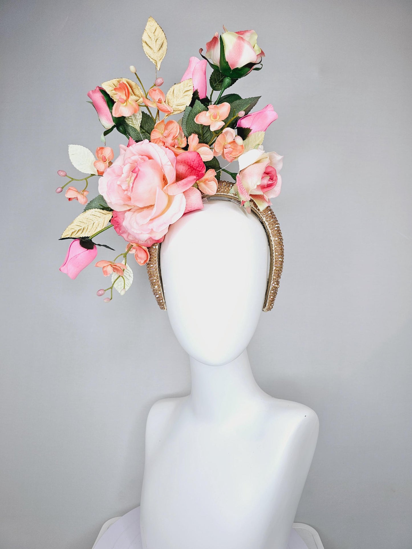 kentucky derby hat fascinator crystal iridescent gold beaded headband,ombre pink rose flowers,light orange peach flowers,gold green leaves