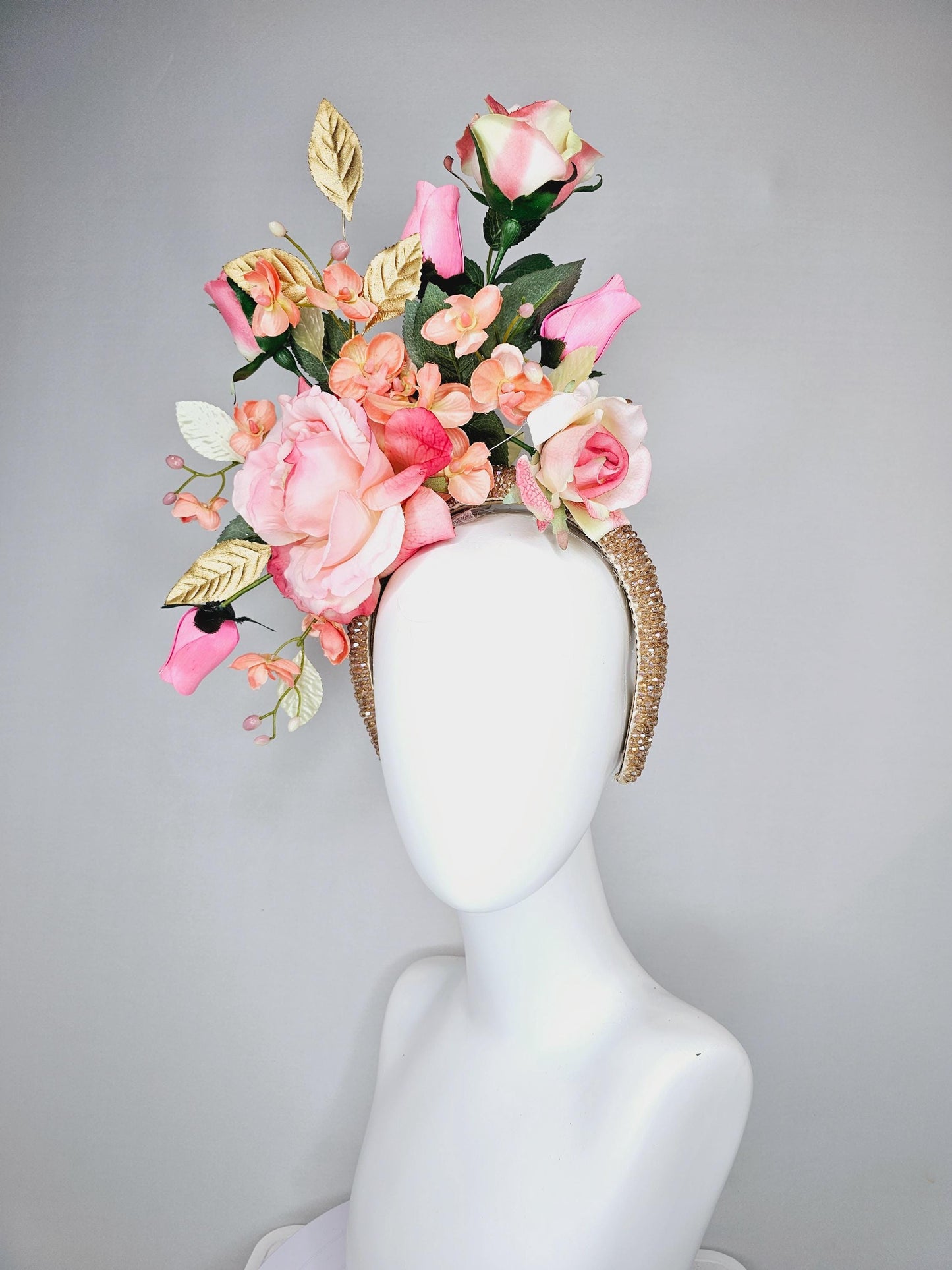 kentucky derby hat fascinator crystal iridescent gold beaded headband,ombre pink rose flowers,light orange peach flowers,gold green leaves