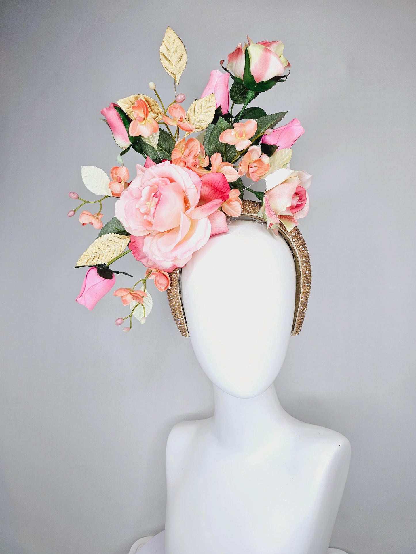 kentucky derby hat fascinator crystal iridescent gold beaded headband,ombre pink rose flowers,light orange peach flowers,gold green leaves