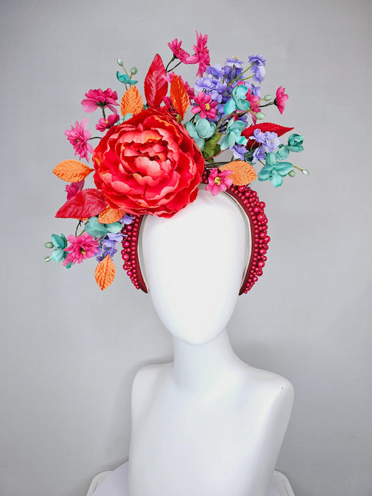 kentucky derby hat fascinator red pearl beaded headband, colorful coral red flower, pink purple teal blue flowers, red orange green leaves