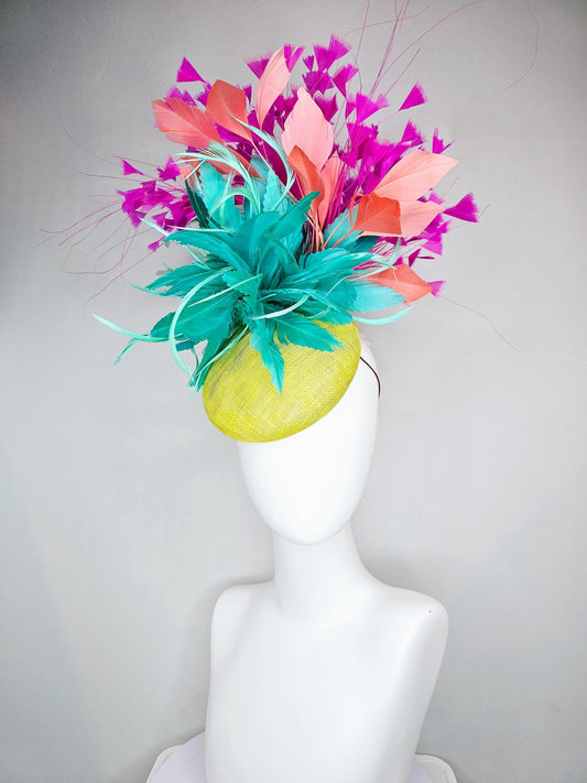 kentucky derby hat fascinator yellow sinamay with large fluffy aqua blue light orange coral feather flowers, bright pink branching feathers