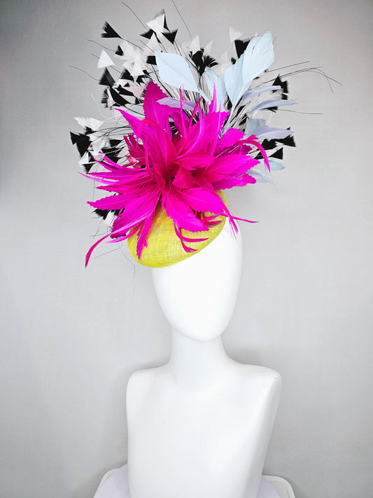 kentucky derby hat fascinator yellow sinamay with large fluffy fuchsia pink light blue feather flowers, black and white branching feathers