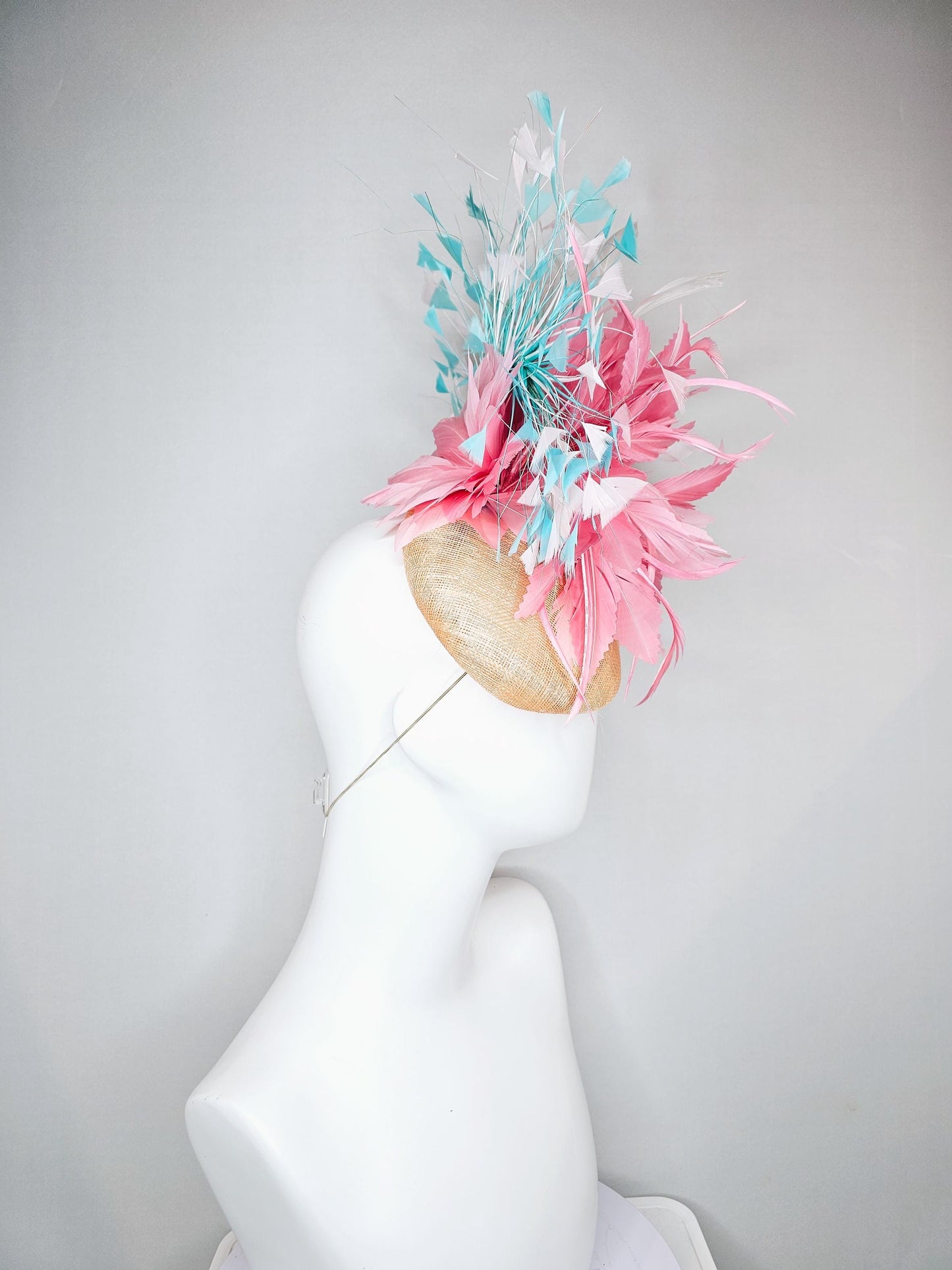 kentucky derby hat fascinator neutral champagne sinamay, large fluffy baby pink feather flower, turquoise blue white branching feathers