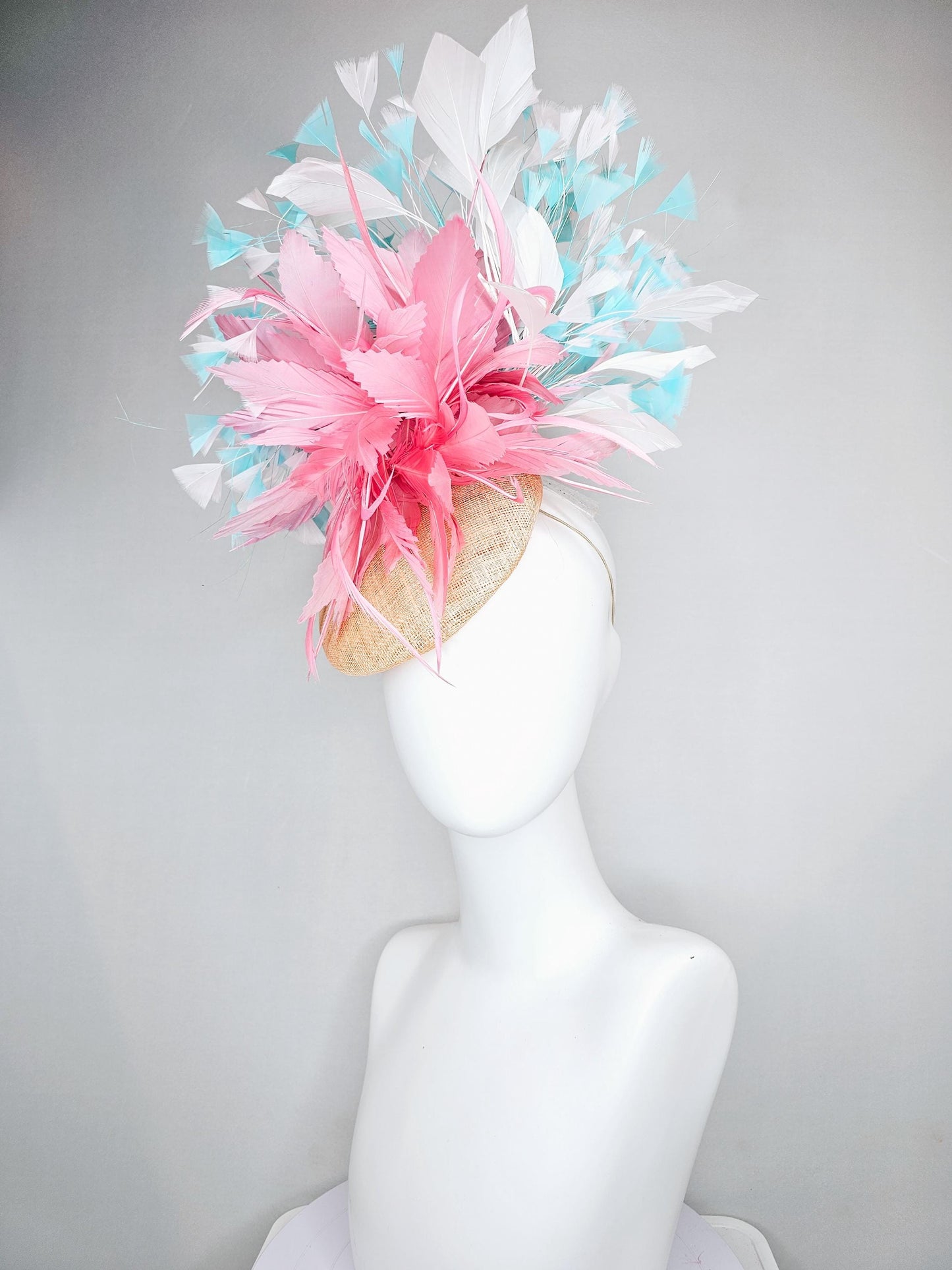 kentucky derby hat fascinator neutral champagne sinamay, large fluffy baby pink feather flower, turquoise blue white branching feathers