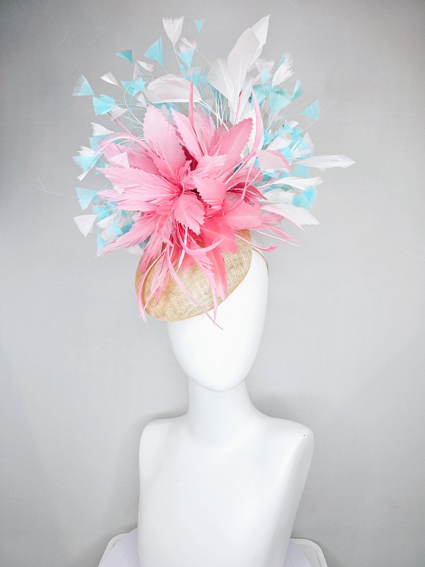 kentucky derby hat fascinator neutral champagne sinamay, large fluffy baby pink feather flower, turquoise blue white branching feathers