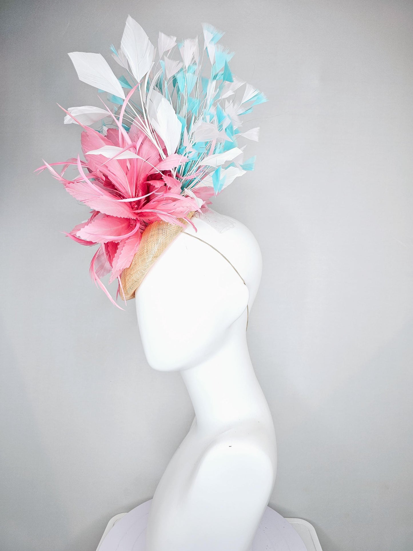 kentucky derby hat fascinator neutral champagne sinamay, large fluffy baby pink feather flower, turquoise blue white branching feathers