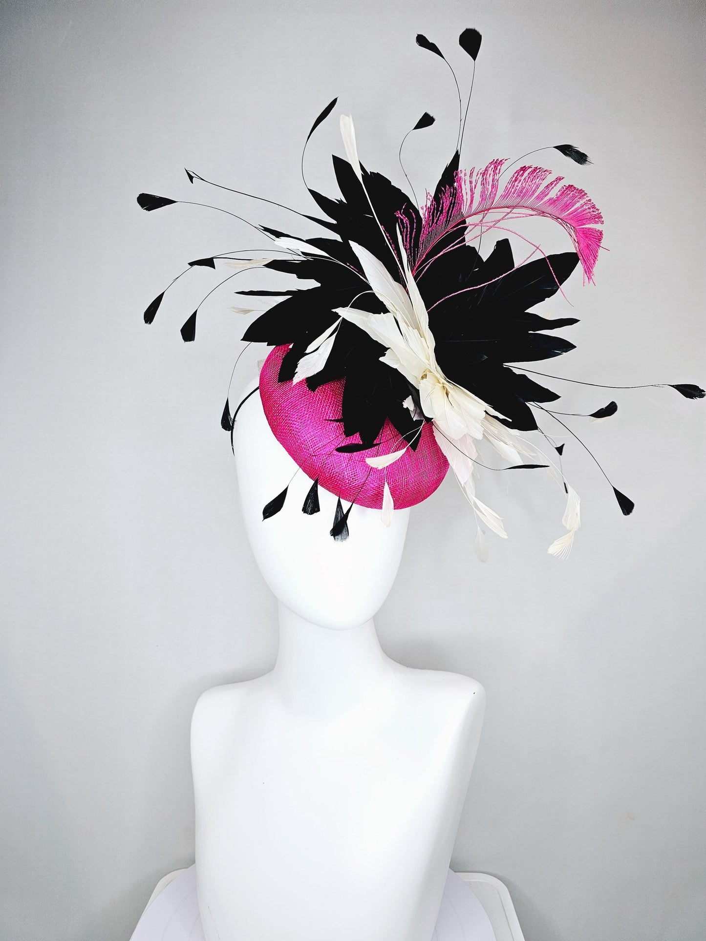 kentucky derby hat fascinator pink fuchsia sinamay, large fluffy black and white ivory feather flower, pink fuchsia feather