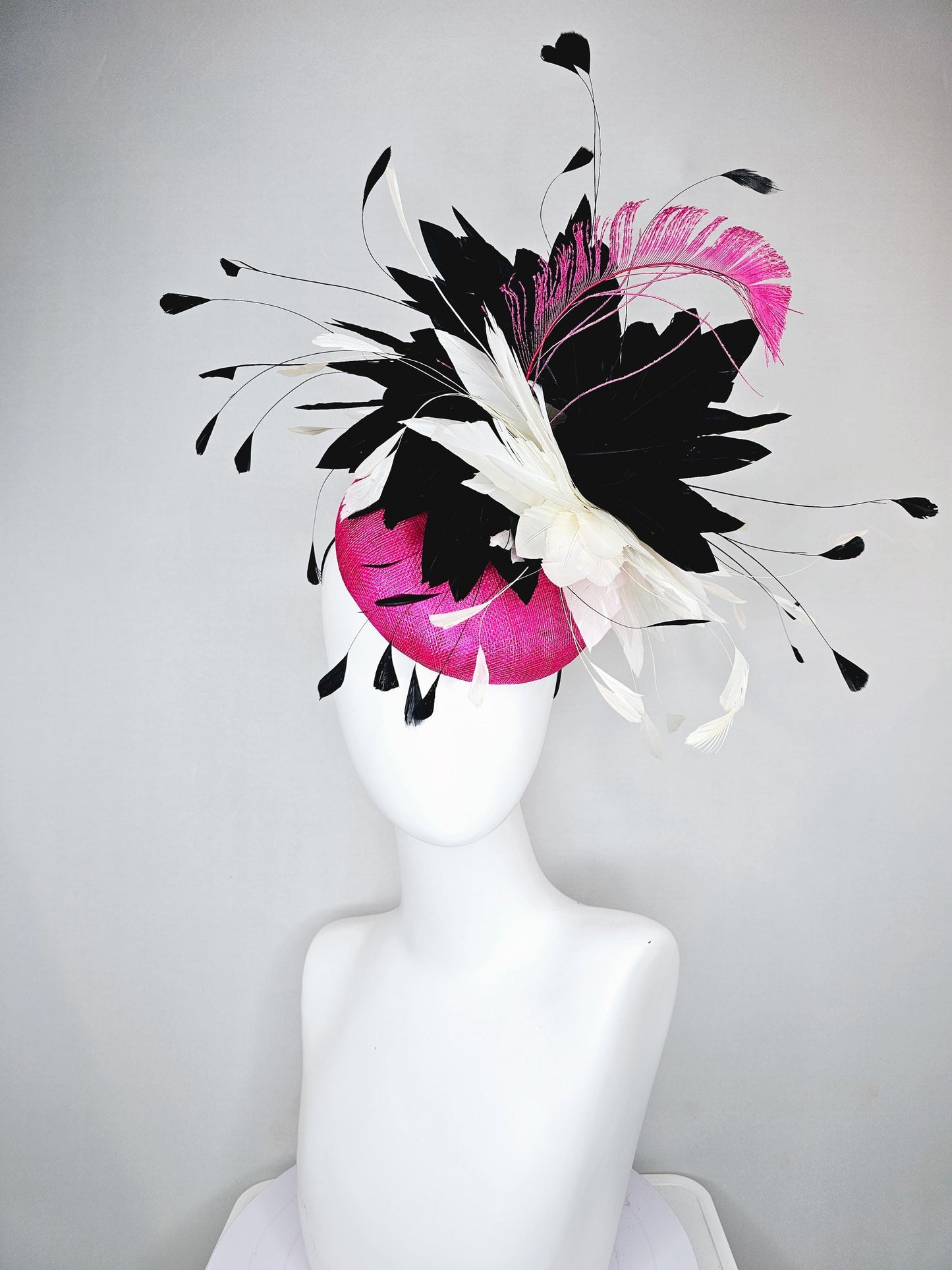 kentucky derby hat fascinator pink fuchsia sinamay, large fluffy black and white ivory feather flower, pink fuchsia feather