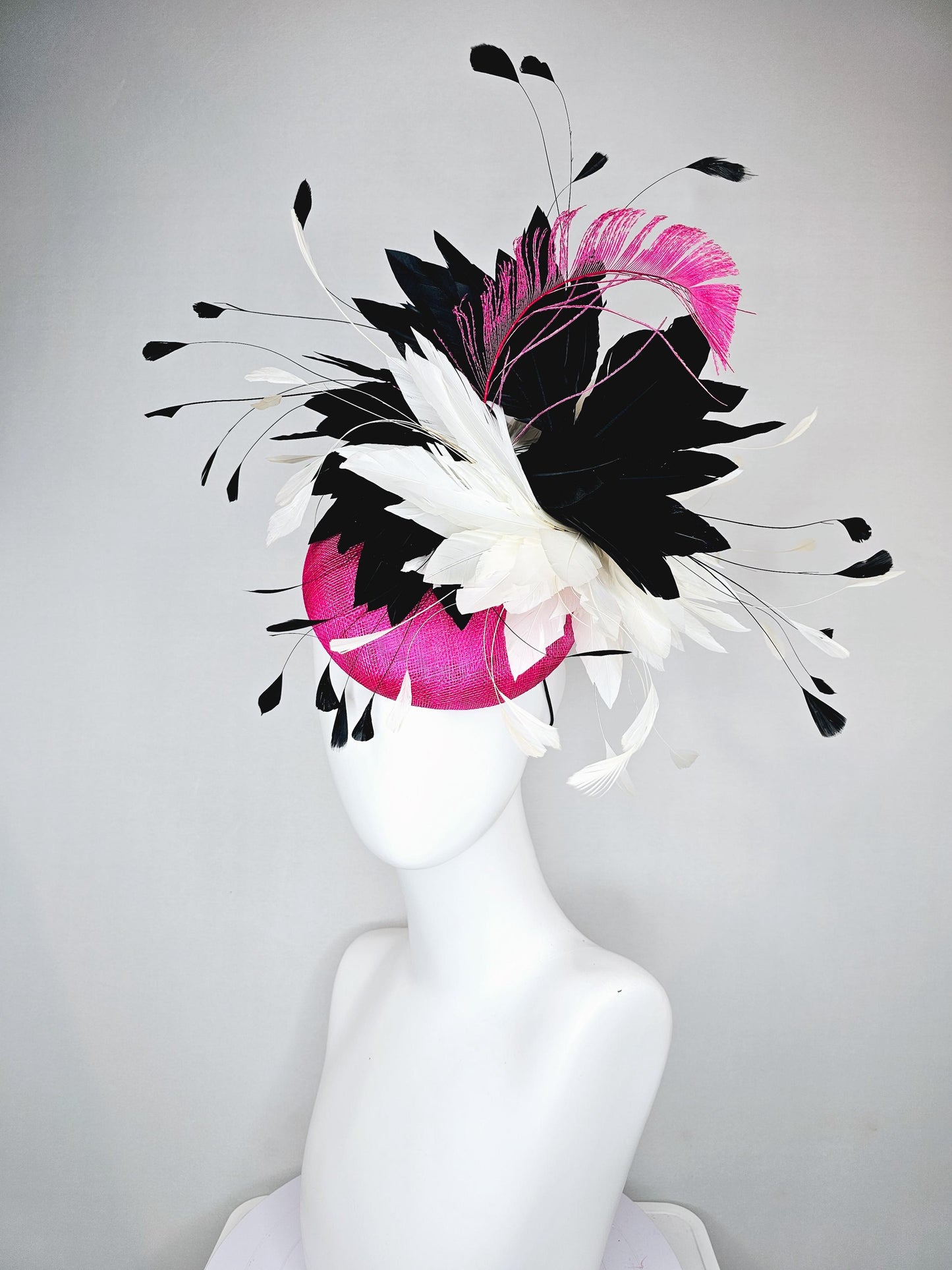 kentucky derby hat fascinator pink fuchsia sinamay, large fluffy black and white ivory feather flower, pink fuchsia feather