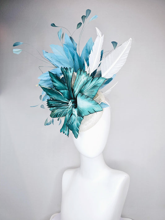 kentucky derby hat fascinator white ivory sinamay,ombre teal blue satin silk flower,blue white branching feathers,white ivory sinamay bow