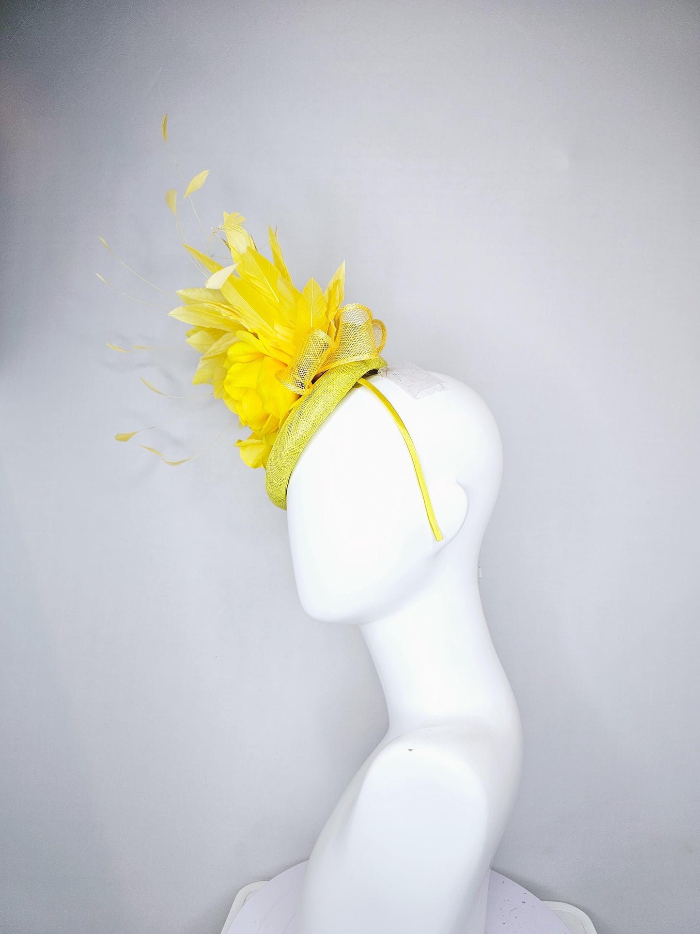 kentucky derby hat fascinator yellow mustard sinamay,bright yellow satin rose flowers,yellow branching feathers,yellow mustard sinamay bow