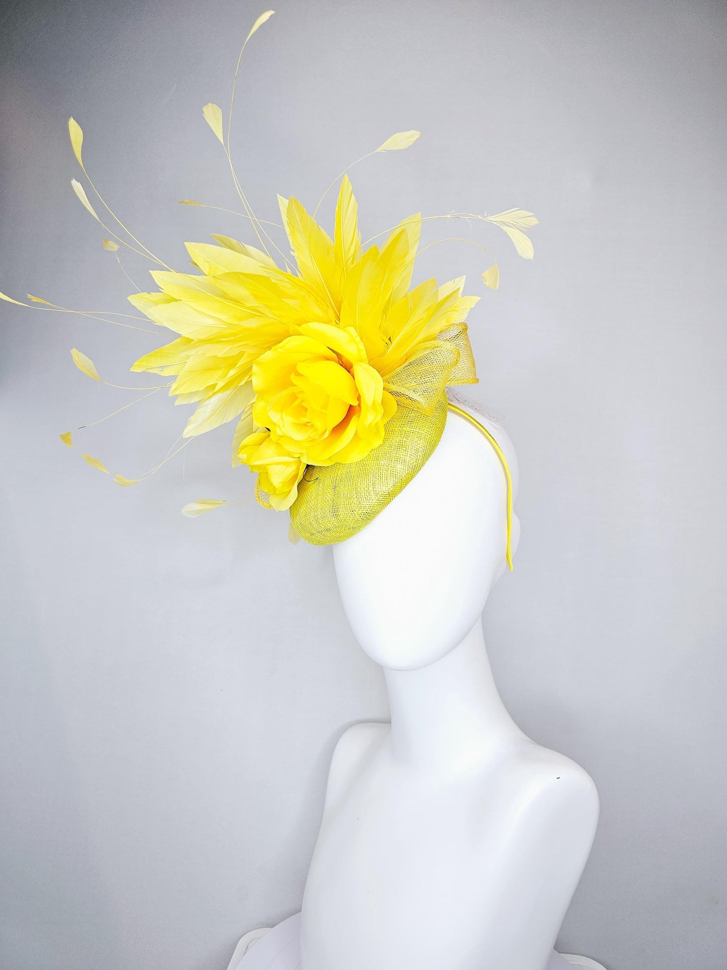 kentucky derby hat fascinator yellow mustard sinamay,bright yellow satin rose flowers,yellow branching feathers,yellow mustard sinamay bow