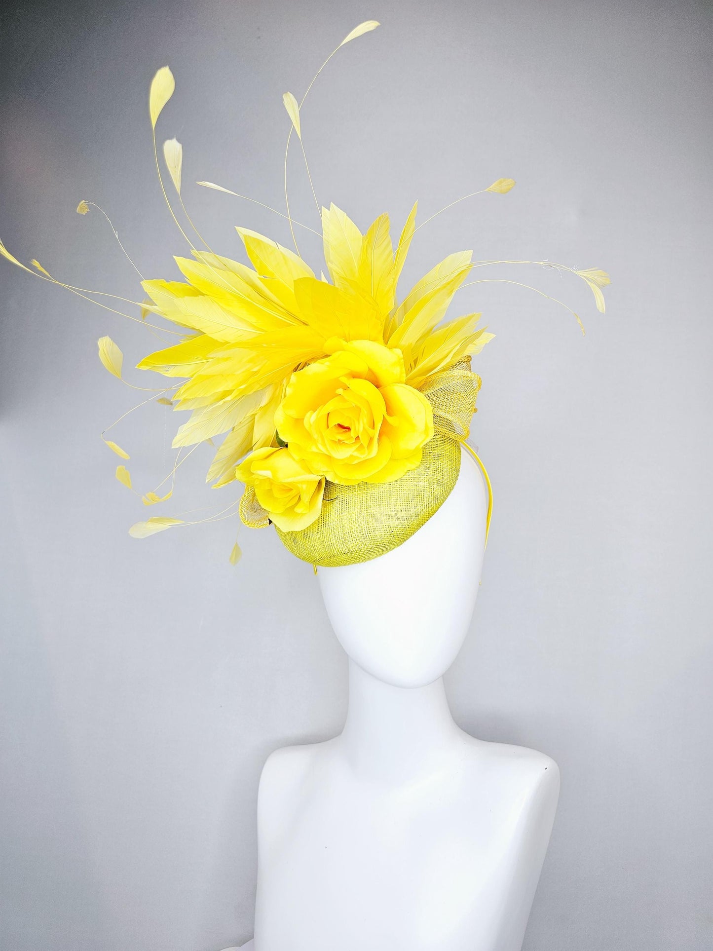 kentucky derby hat fascinator yellow mustard sinamay,bright yellow satin rose flowers,yellow branching feathers,yellow mustard sinamay bow