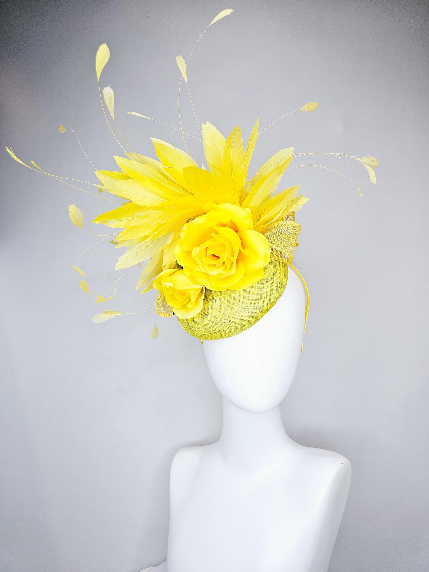 kentucky derby hat fascinator yellow mustard sinamay,bright yellow satin rose flowers,yellow branching feathers,yellow mustard sinamay bow