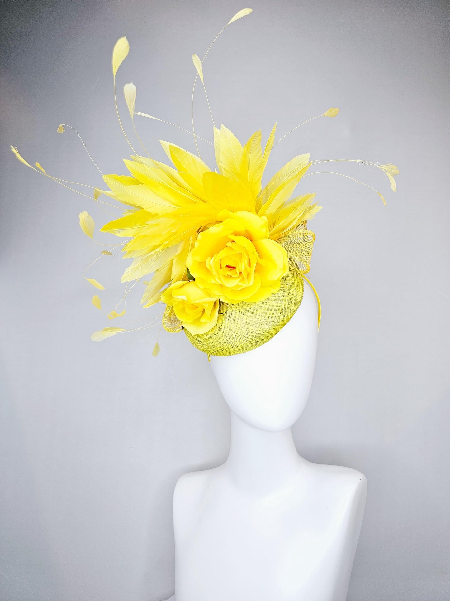 kentucky derby hat fascinator yellow mustard sinamay,bright yellow satin rose flowers,yellow branching feathers,yellow mustard sinamay bow