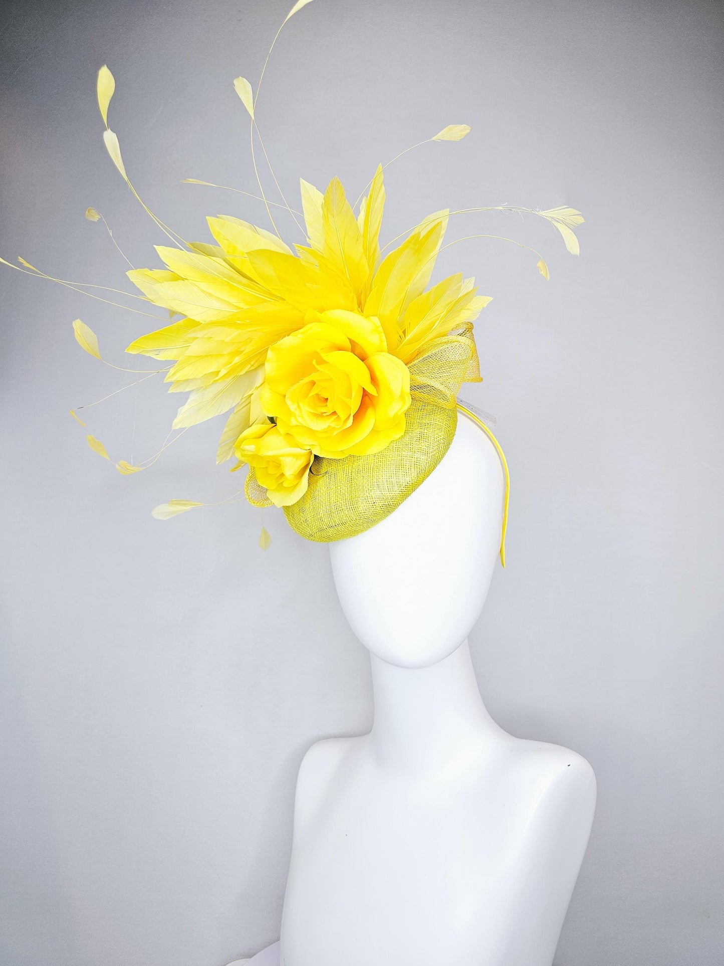 kentucky derby hat fascinator yellow mustard sinamay,bright yellow satin rose flowers,yellow branching feathers,yellow mustard sinamay bow