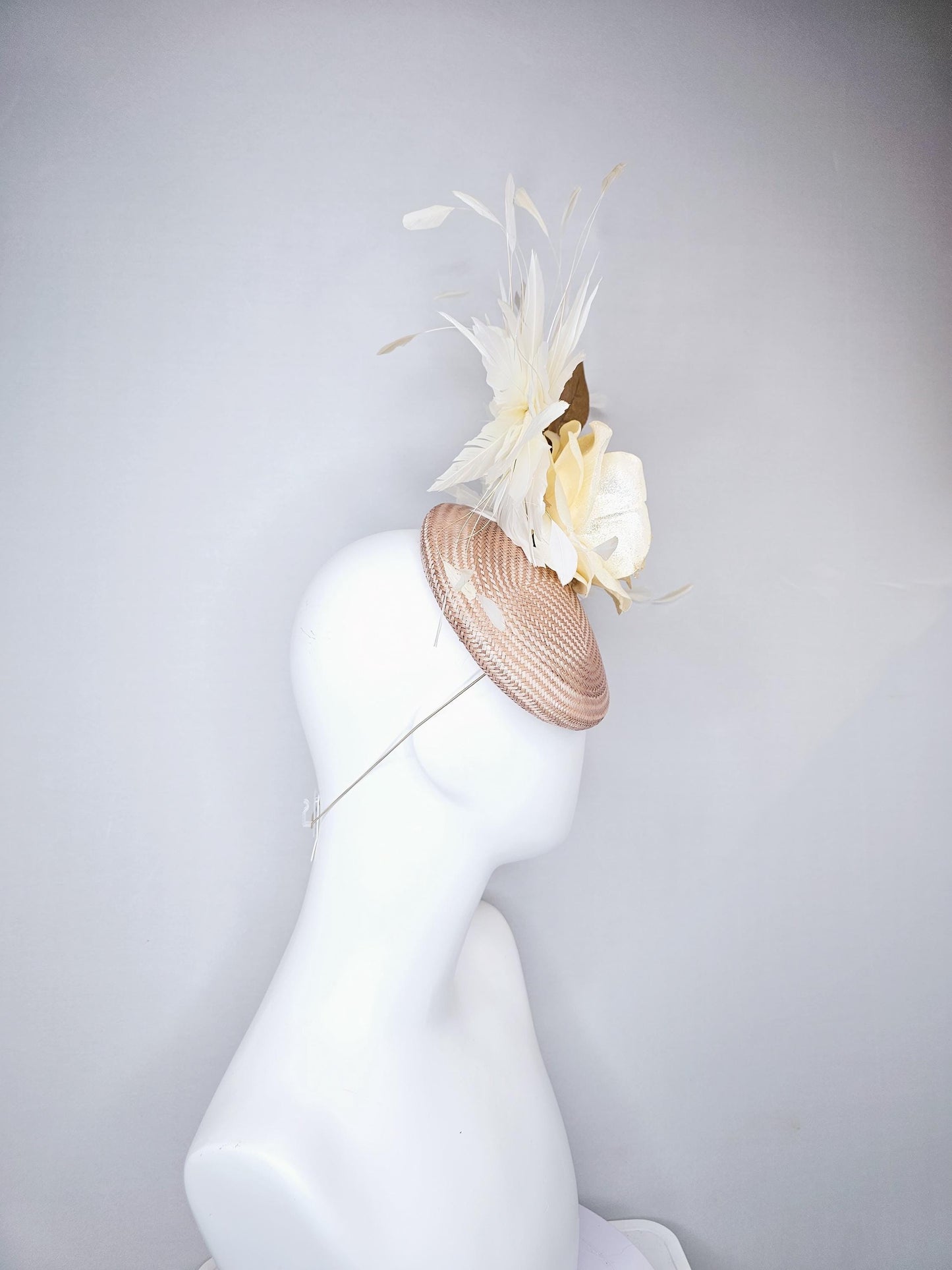 kentucky derby hat fascinator tan straw with neutral white ivory silk satin rose flower with glitter,gold leaves,white ivory feathers