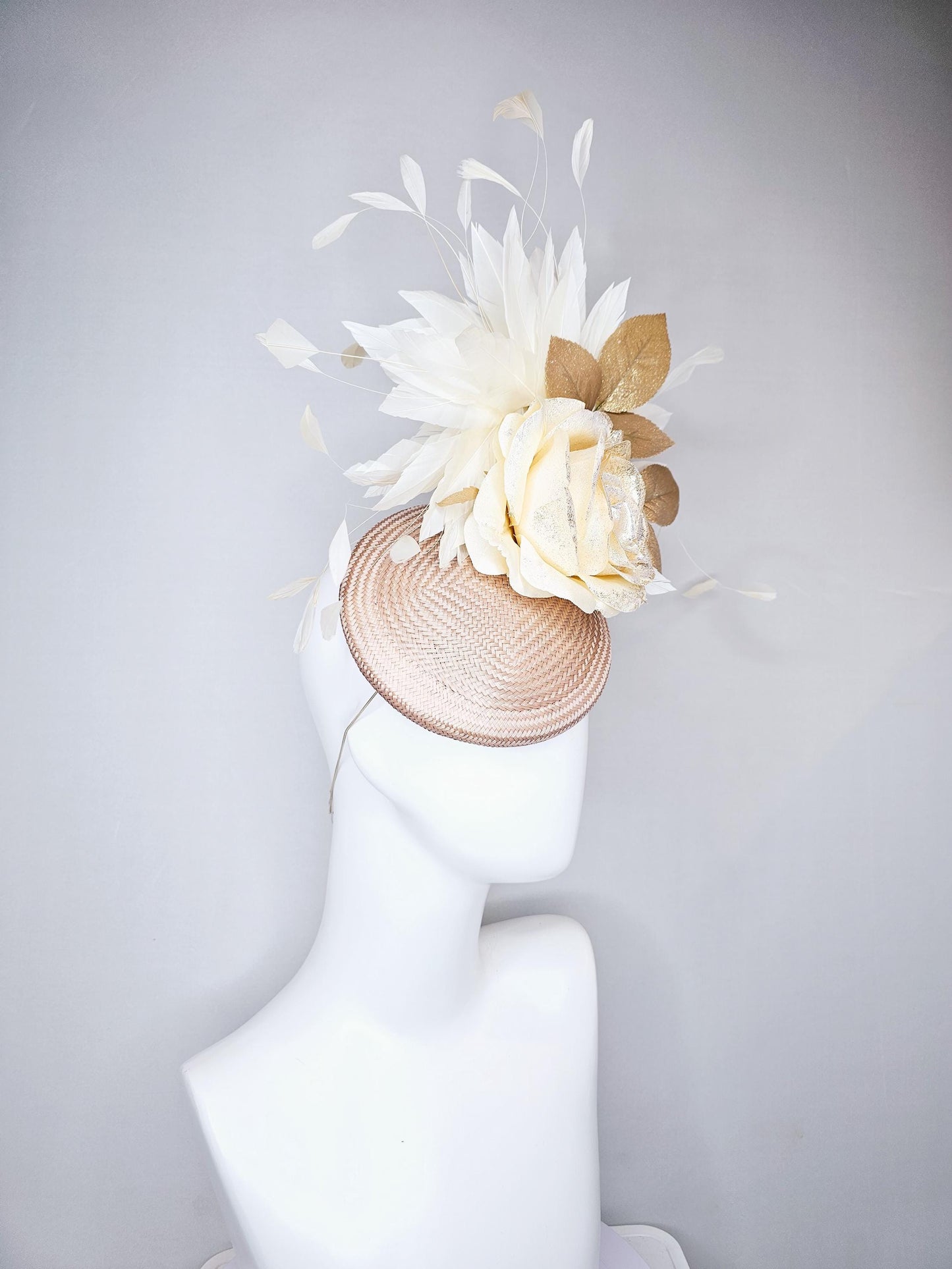 kentucky derby hat fascinator tan straw with neutral white ivory silk satin rose flower with glitter,gold leaves,white ivory feathers