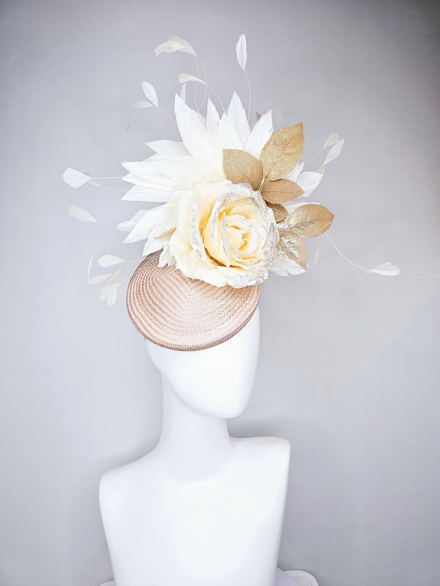 kentucky derby hat fascinator tan straw with neutral white ivory silk satin rose flower with glitter,gold leaves,white ivory feathers