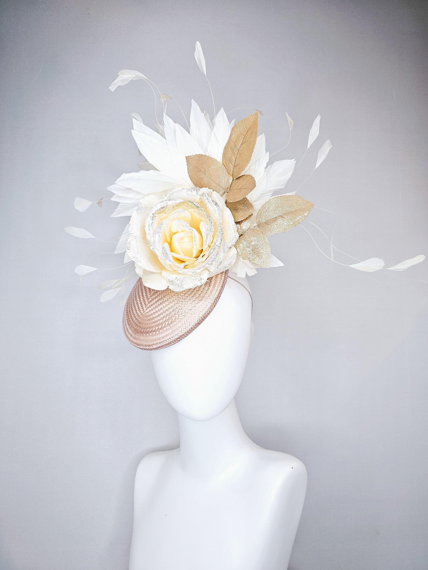 kentucky derby hat fascinator tan straw with neutral white ivory silk satin rose flower with glitter,gold leaves,white ivory feathers